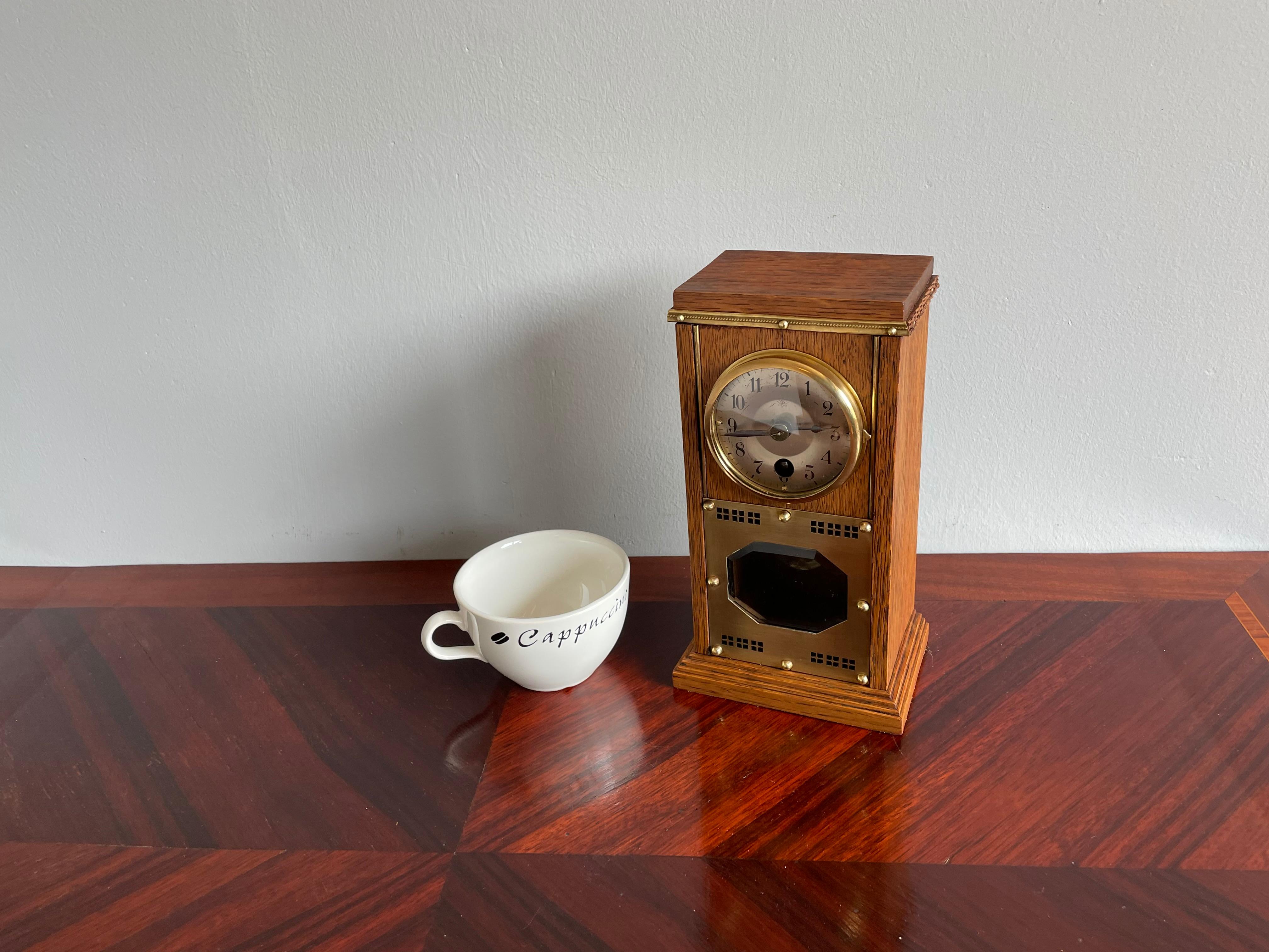 Small Arts & Crafts Table or Desk Clock with Beveled Glass and Brass Metalwork 8