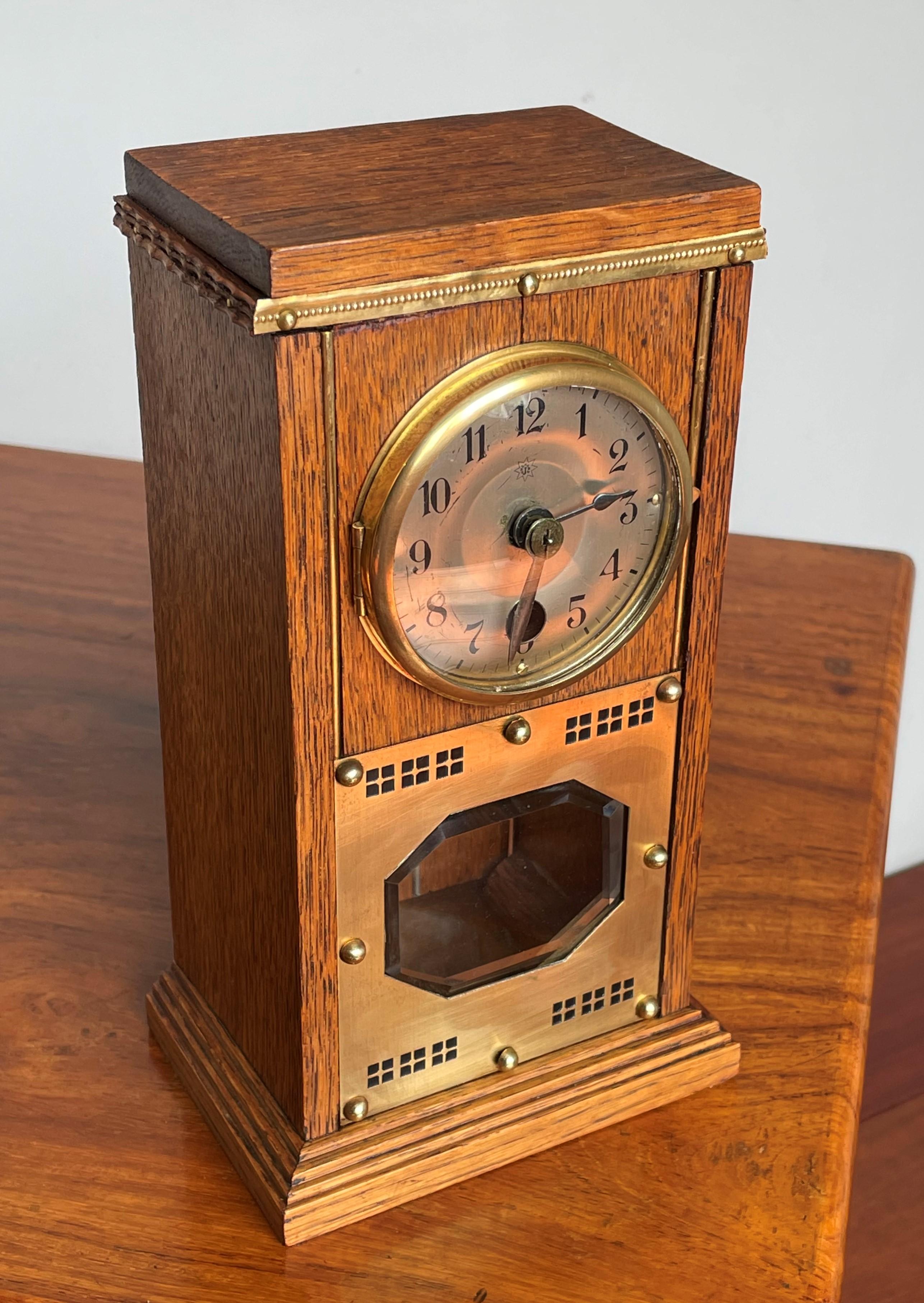 Arts and Crafts Small Arts & Crafts Table or Desk Clock with Beveled Glass and Brass Metalwork