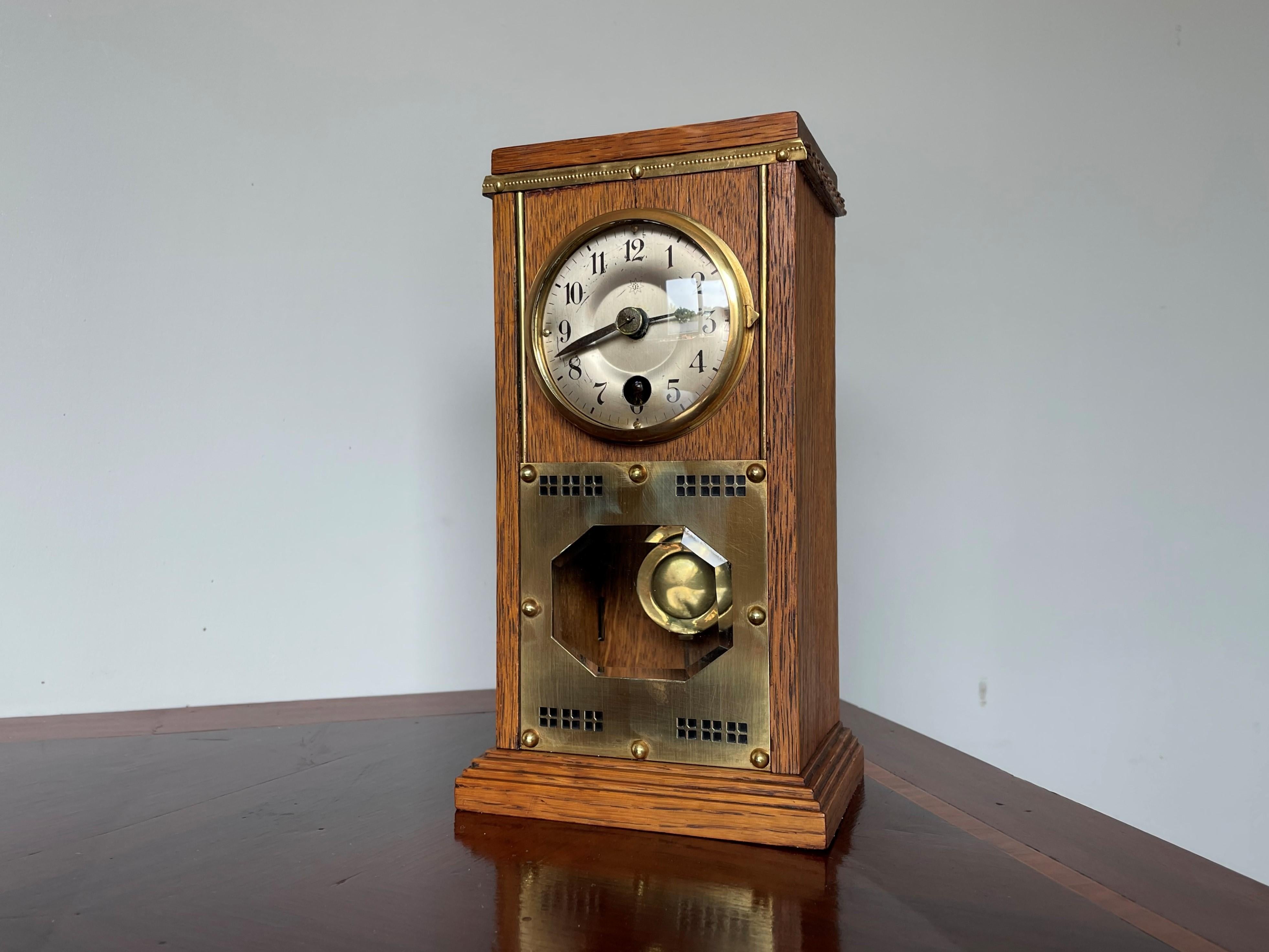 20th Century Small Arts & Crafts Table or Desk Clock with Beveled Glass and Brass Metalwork