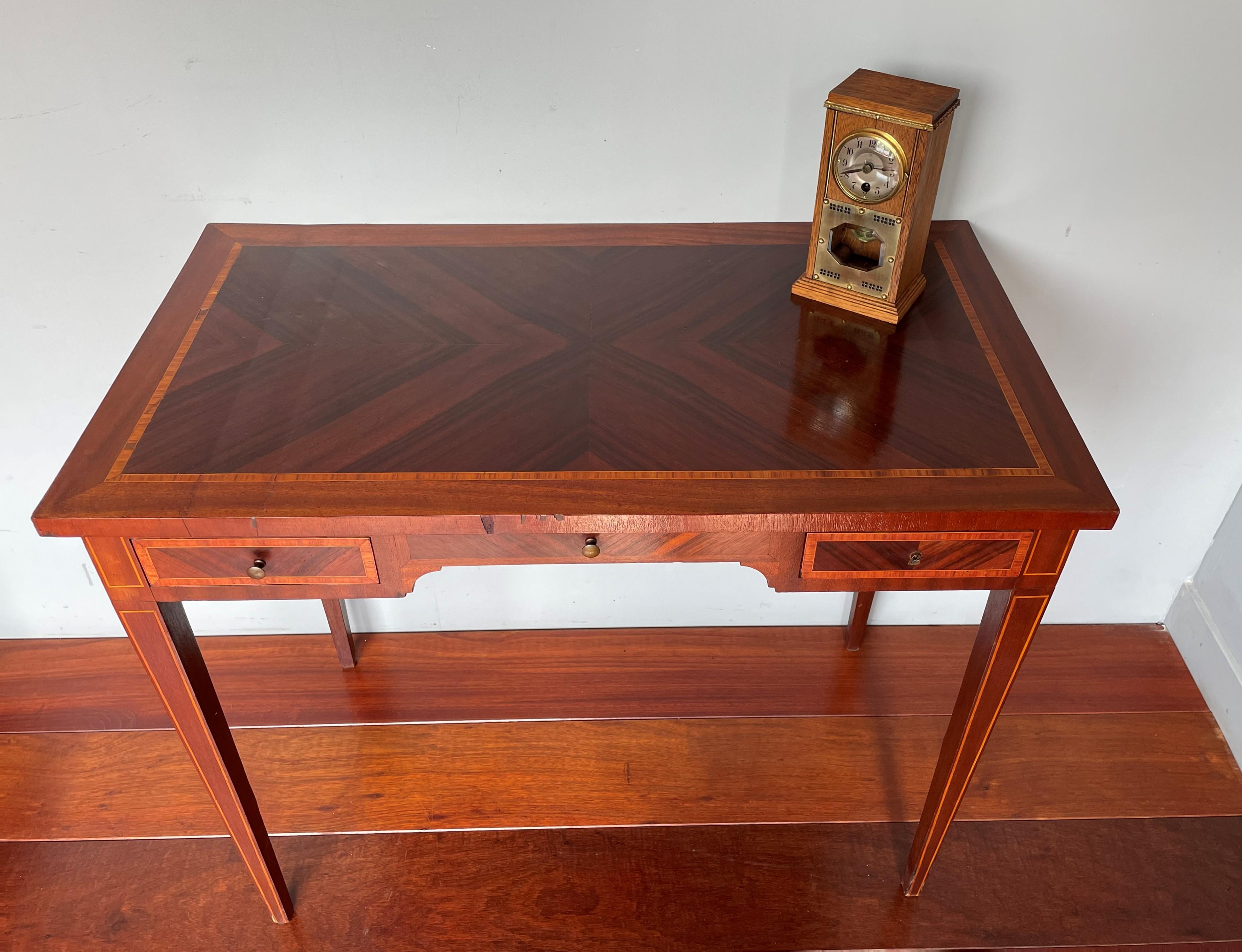 Oak Small Arts & Crafts Table or Desk Clock with Beveled Glass and Brass Metalwork