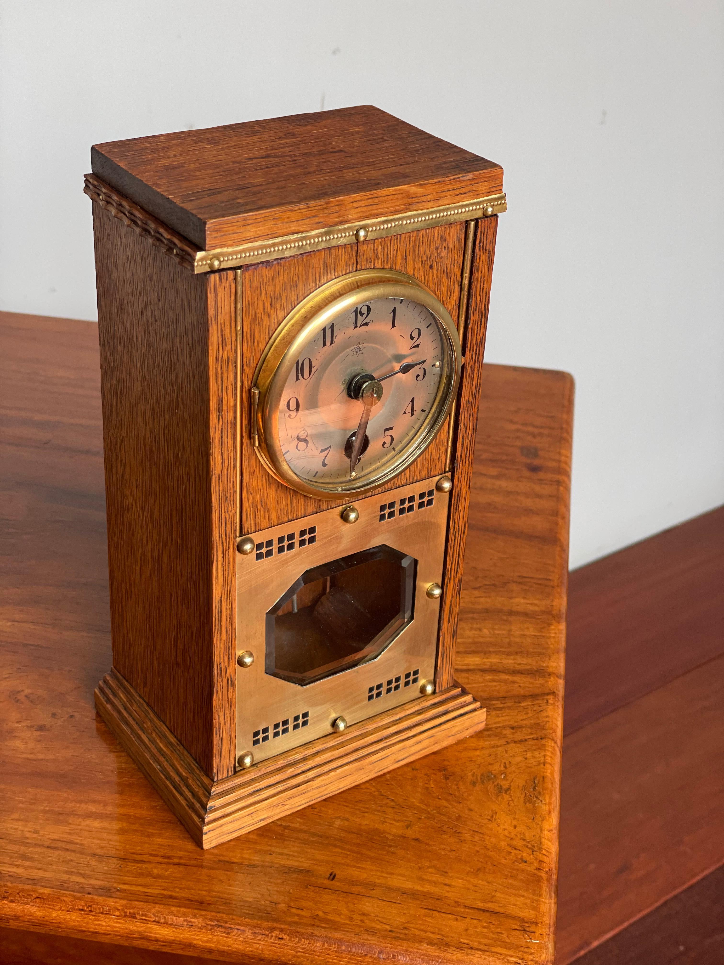 Small Arts & Crafts Table or Desk Clock with Beveled Glass and Brass Metalwork 1