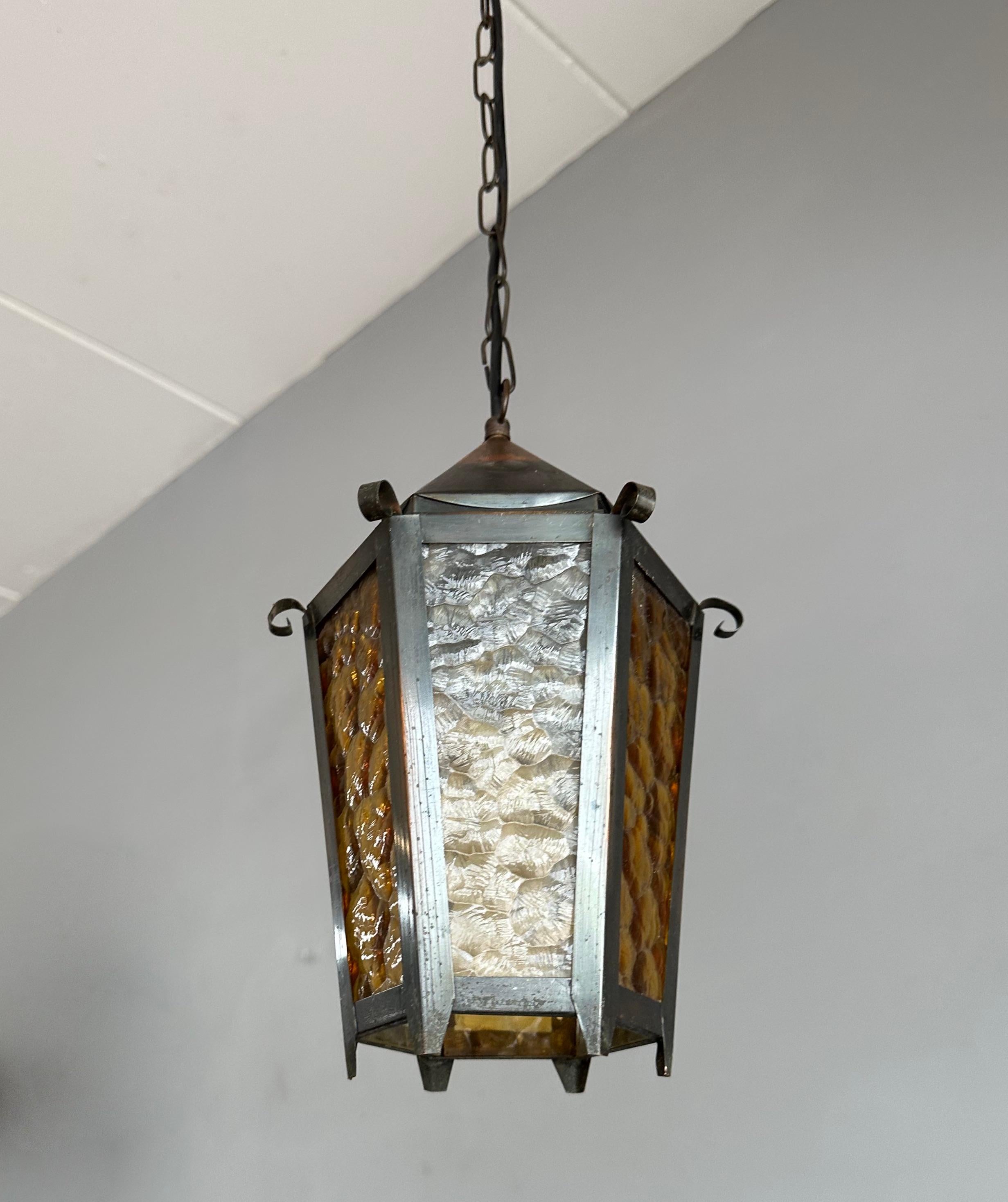 Small Arts & Crafts Brass and Colored Glass Hexagonal Lantern / Pendant Light 6