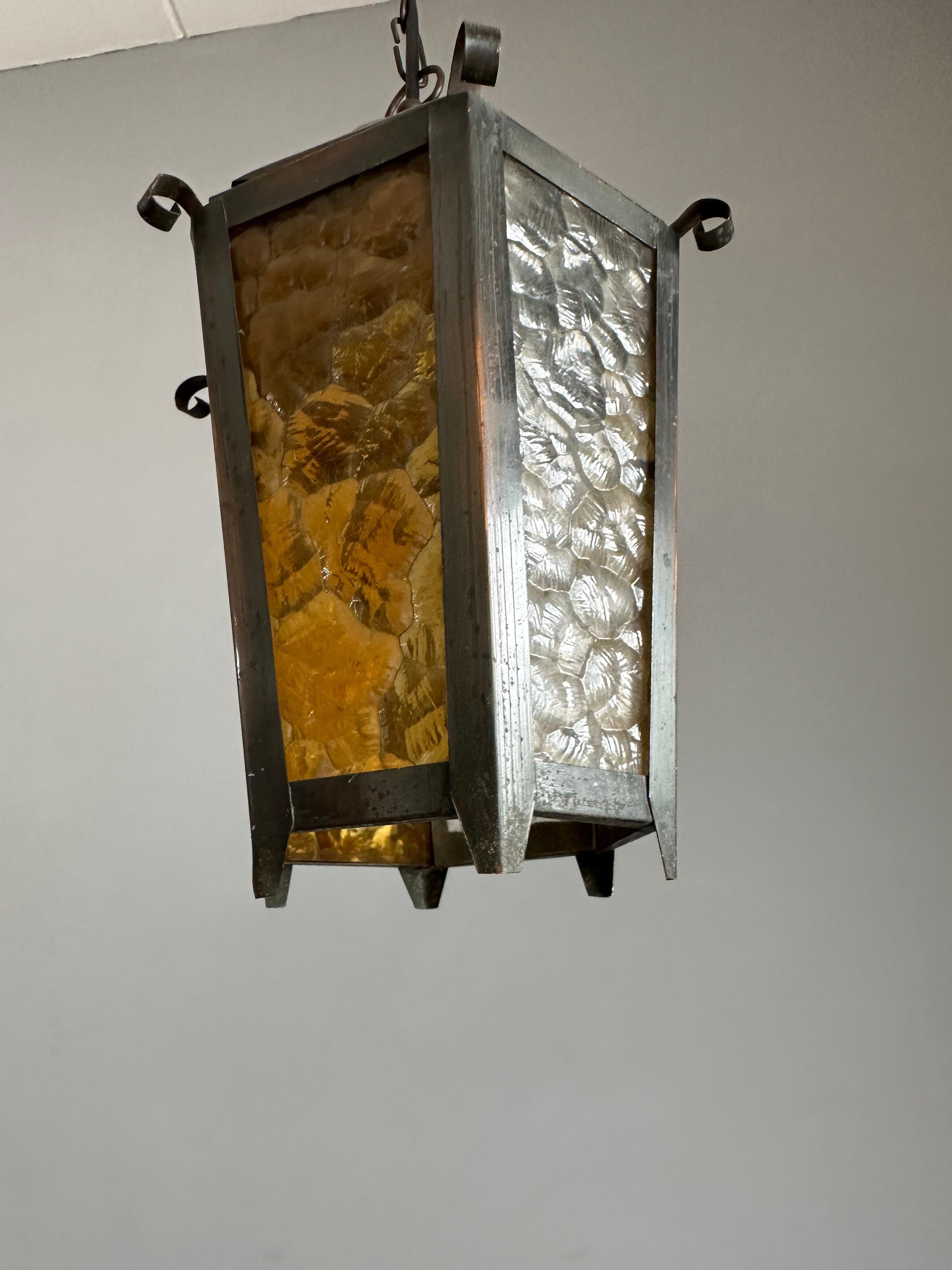 Small Arts & Crafts Brass and Colored Glass Hexagonal Lantern / Pendant Light 7