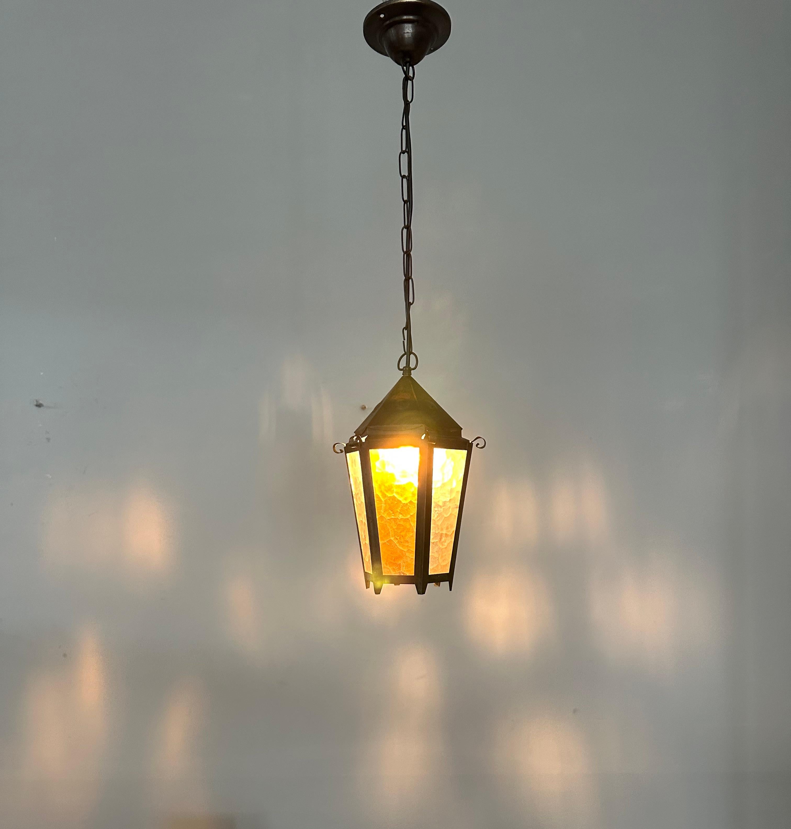 Small Arts & Crafts Brass and Colored Glass Hexagonal Lantern / Pendant Light 8