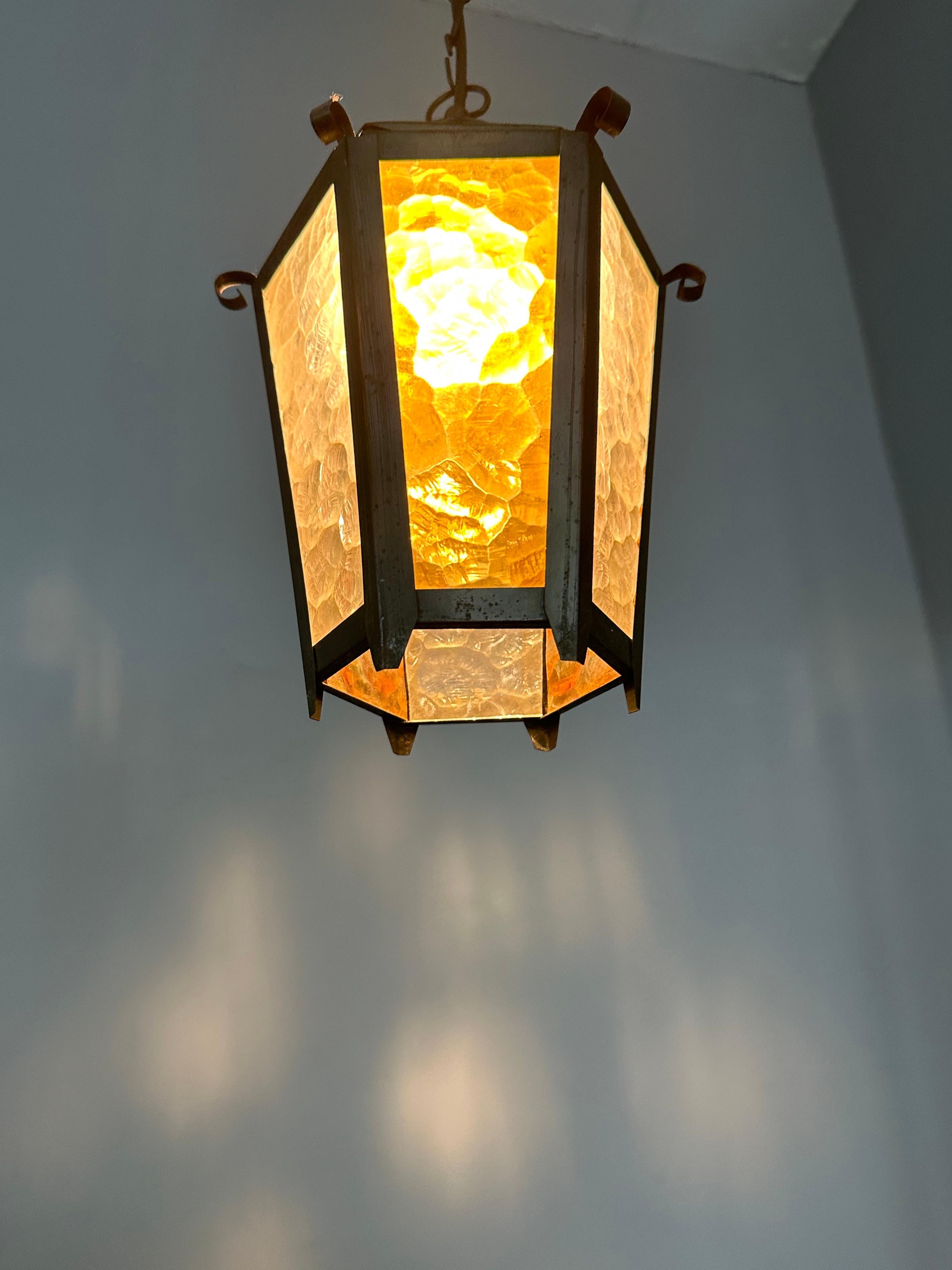 Small Arts & Crafts Brass and Colored Glass Hexagonal Lantern / Pendant Light 9