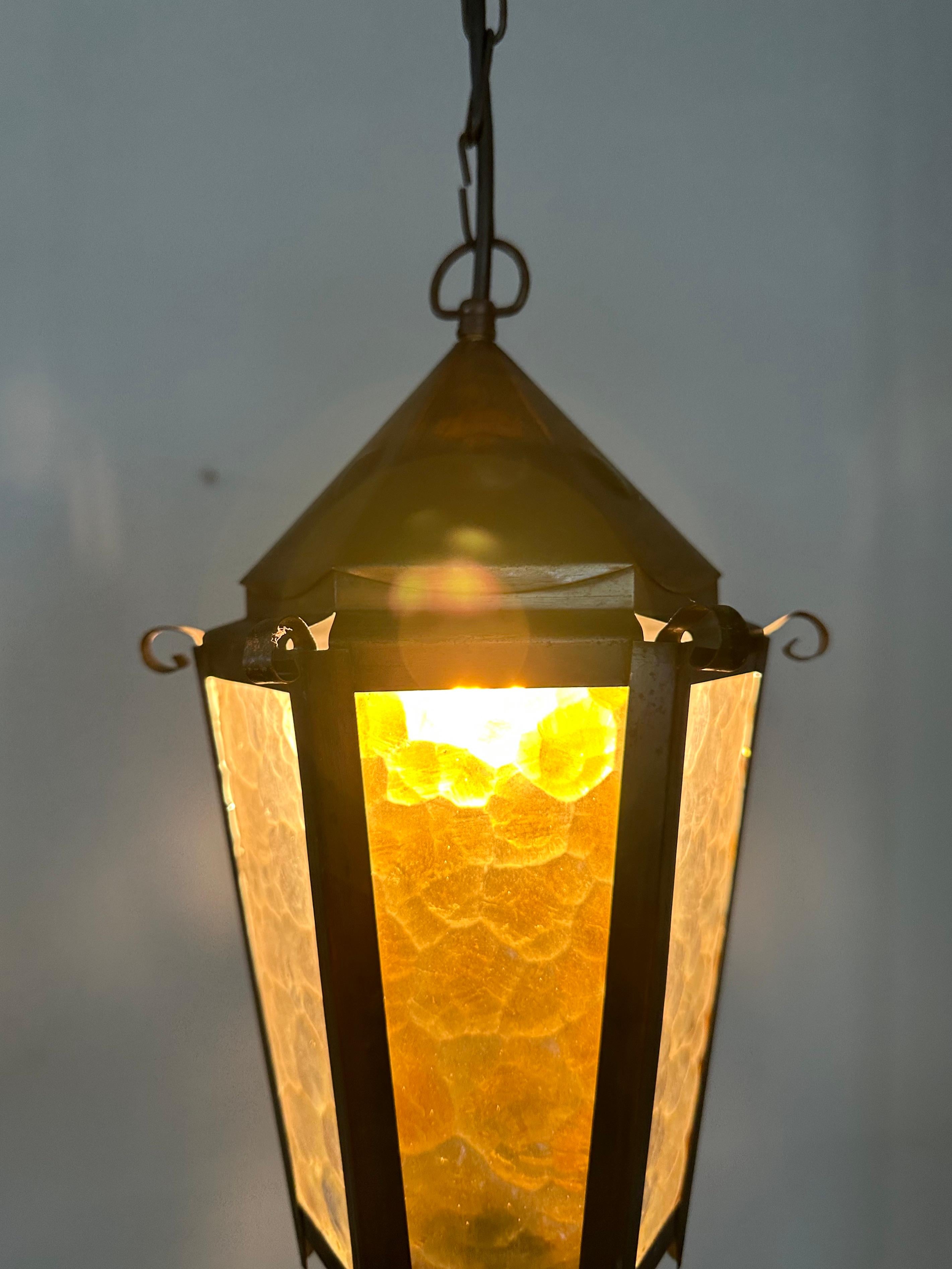 Small Arts & Crafts Brass and Colored Glass Hexagonal Lantern / Pendant Light 11