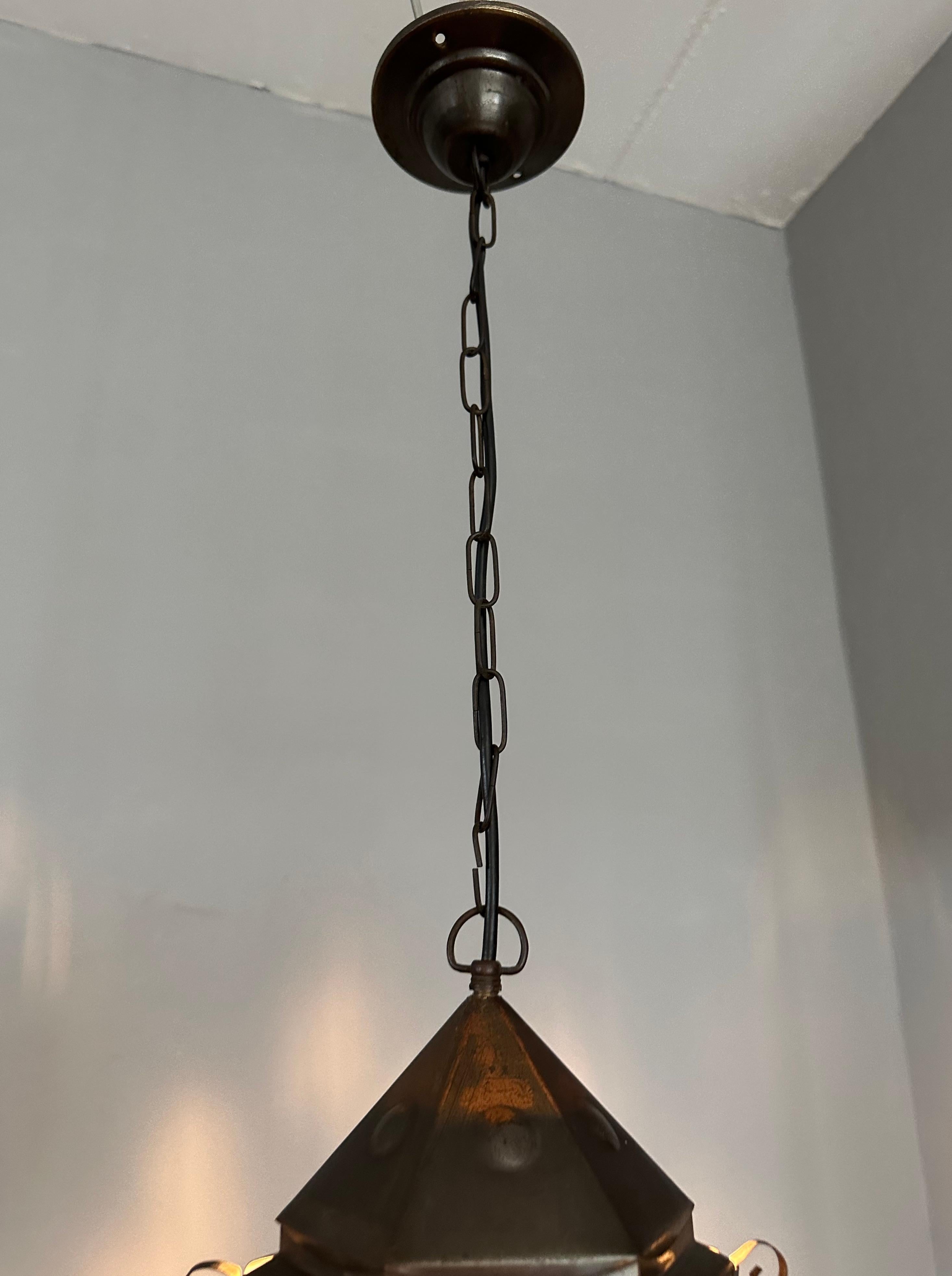 Small Arts & Crafts Brass and Colored Glass Hexagonal Lantern / Pendant Light 12