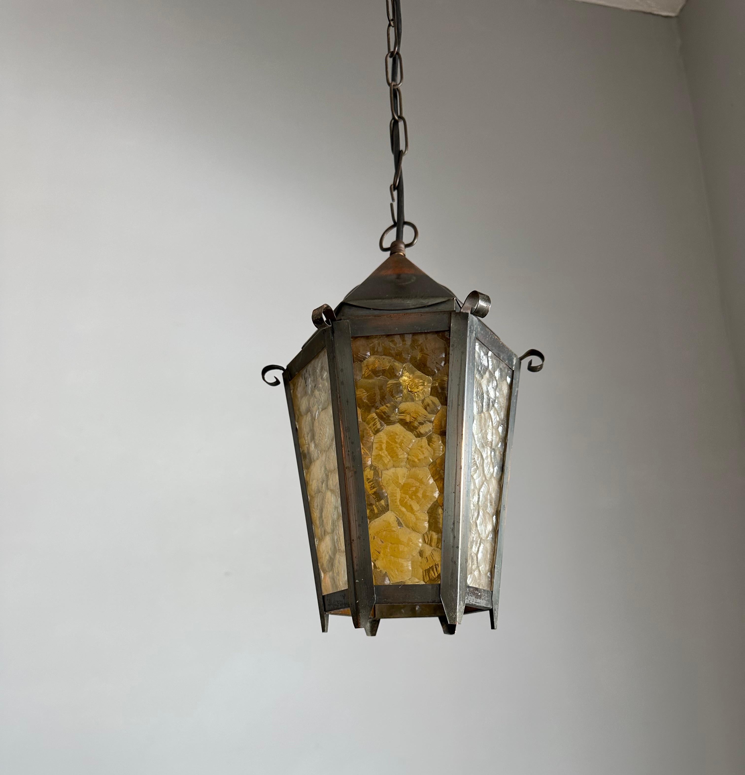 European Small Arts & Crafts Brass and Colored Glass Hexagonal Lantern / Pendant Light
