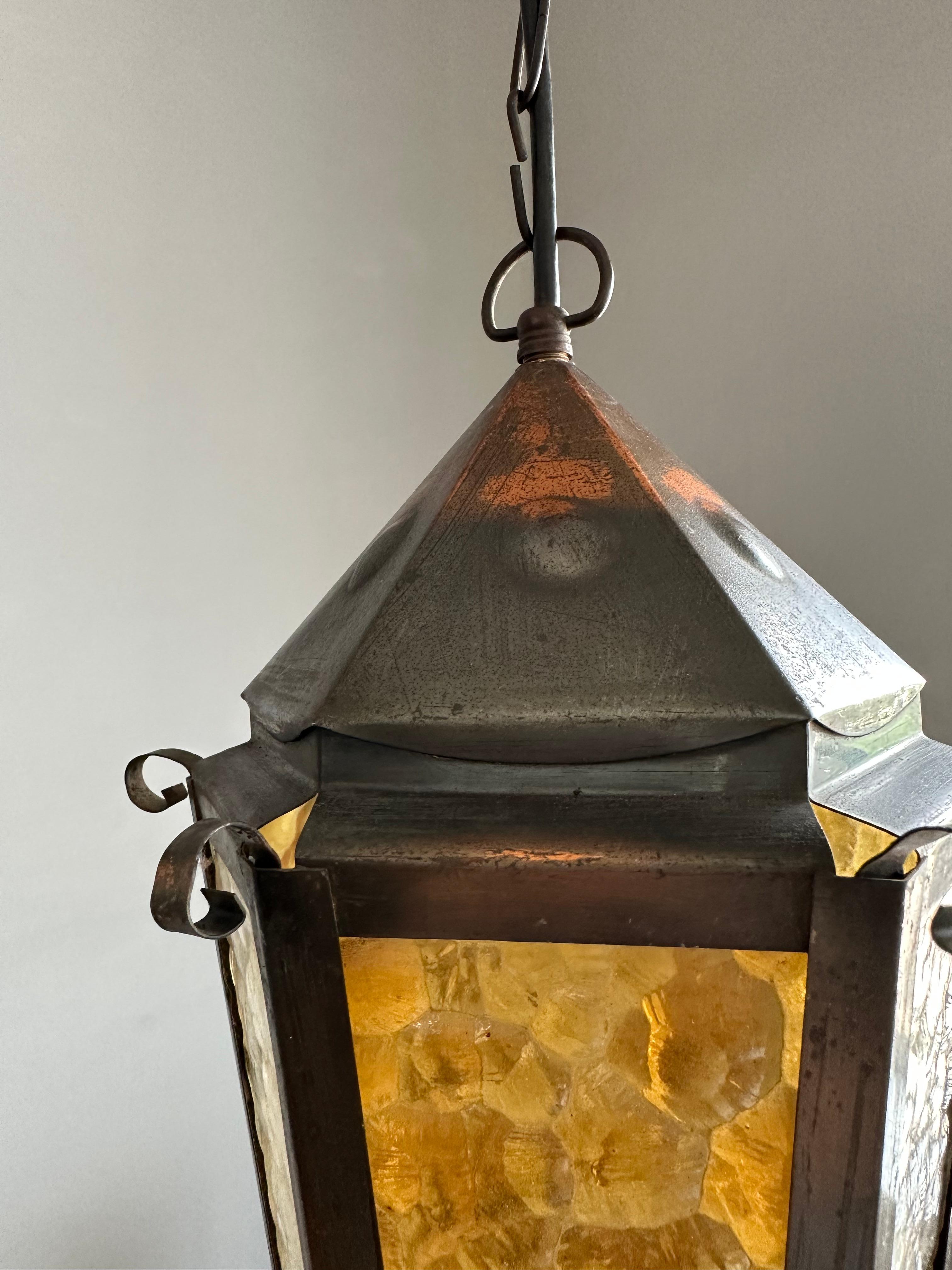 Hand-Crafted Small Arts & Crafts Brass and Colored Glass Hexagonal Lantern / Pendant Light