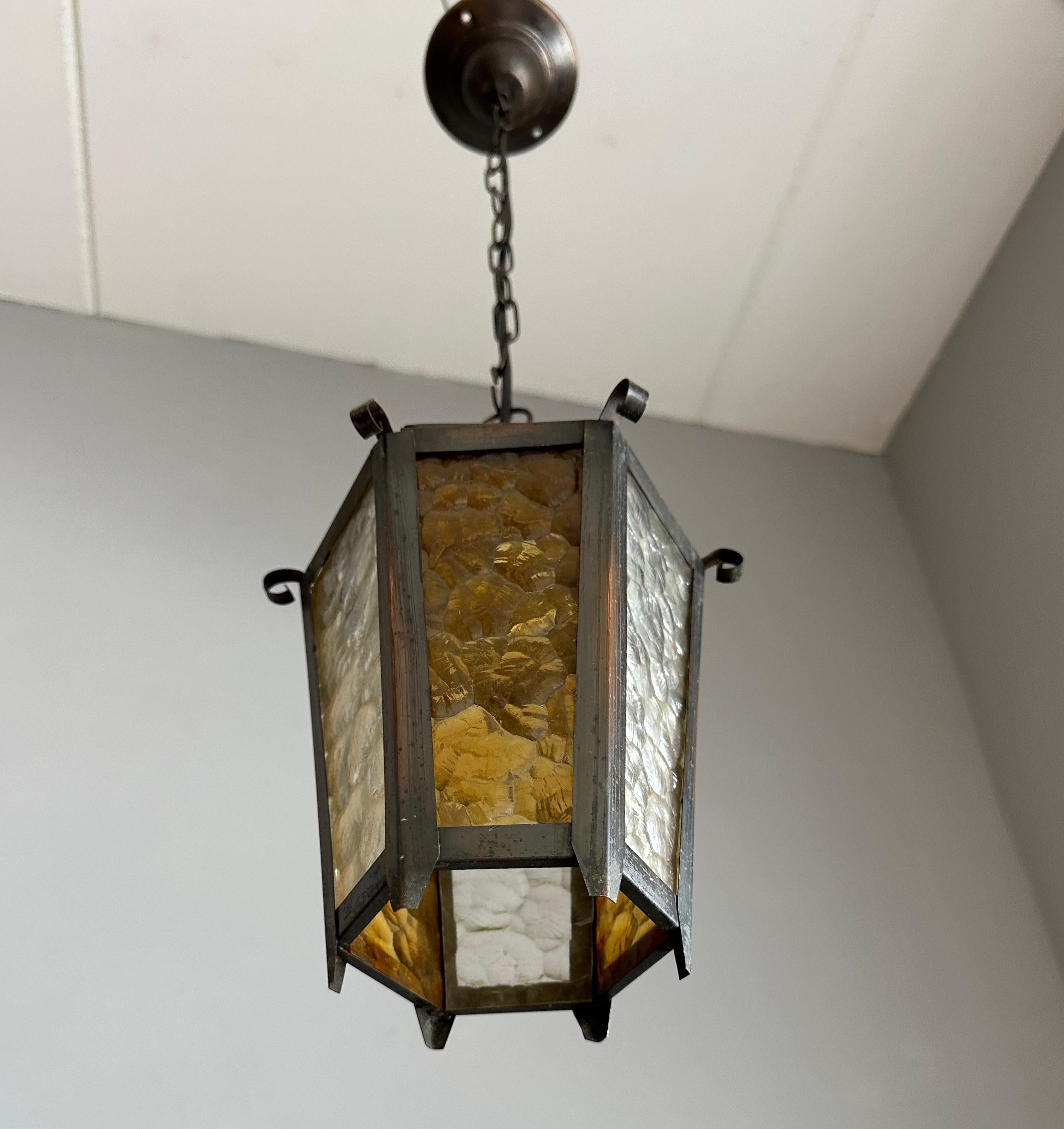 20th Century Small Arts & Crafts Brass and Colored Glass Hexagonal Lantern / Pendant Light