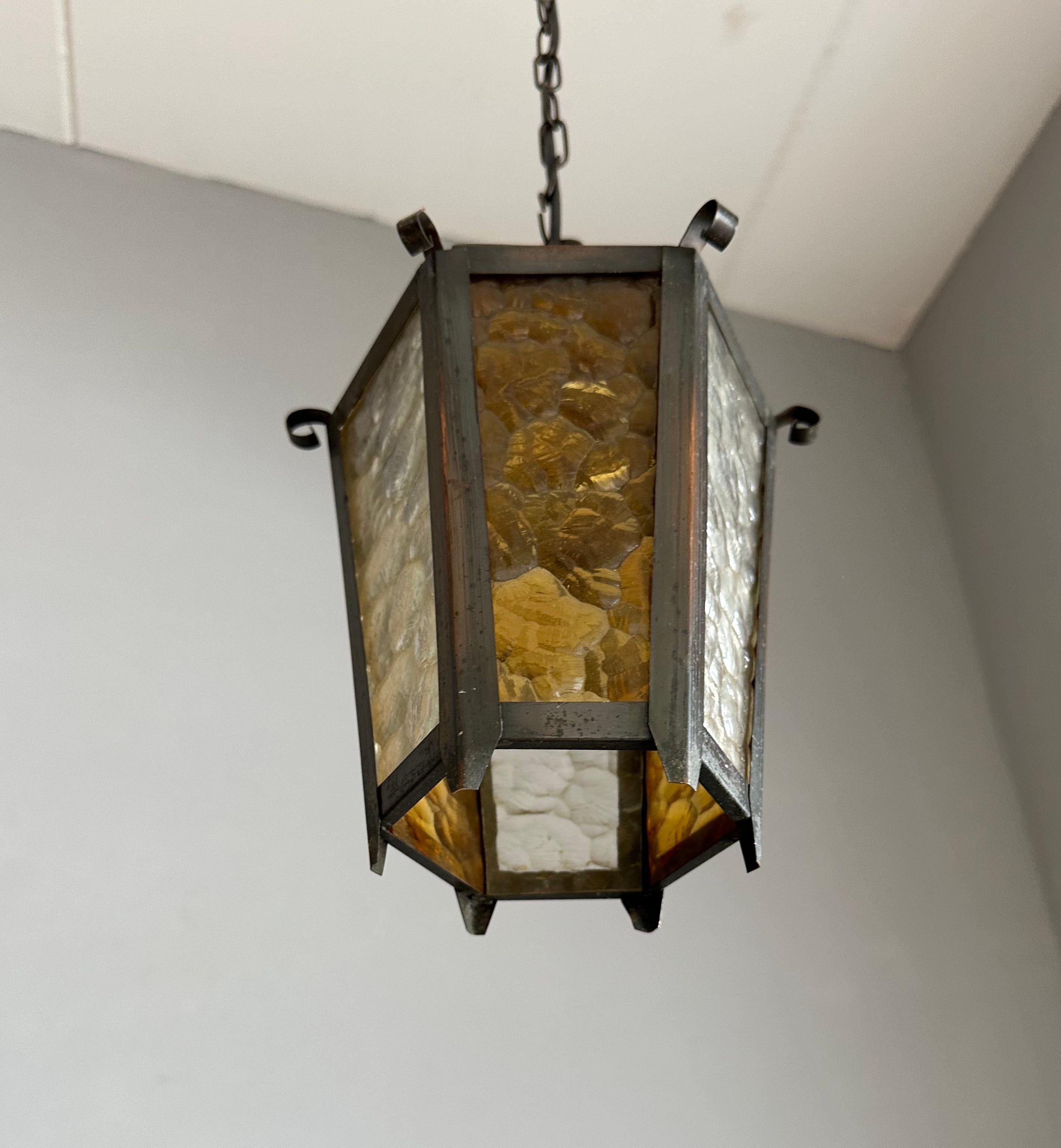 Small Arts & Crafts Brass and Colored Glass Hexagonal Lantern / Pendant Light 1