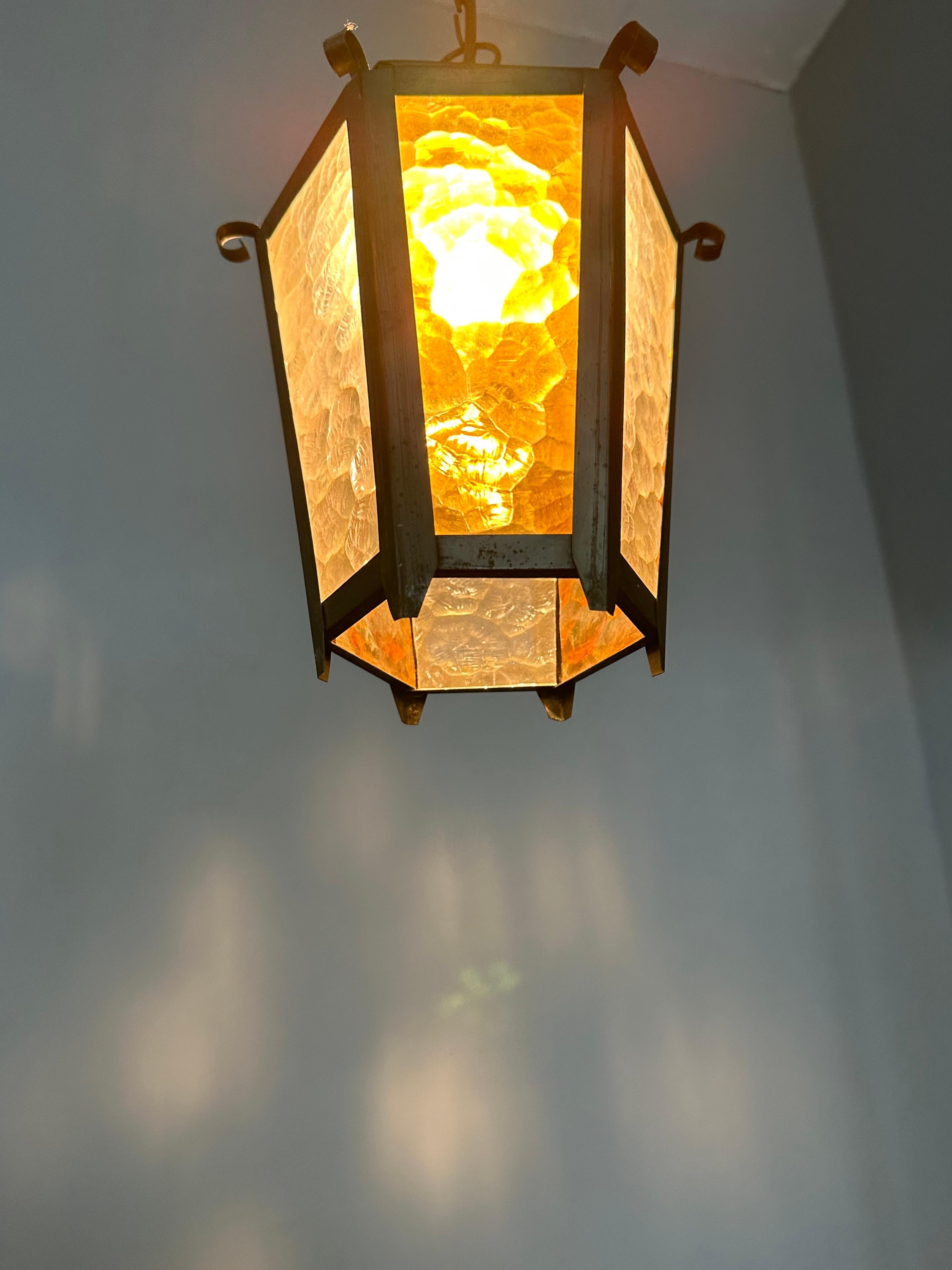 Small Arts & Crafts Brass and Colored Glass Hexagonal Lantern / Pendant Light 2