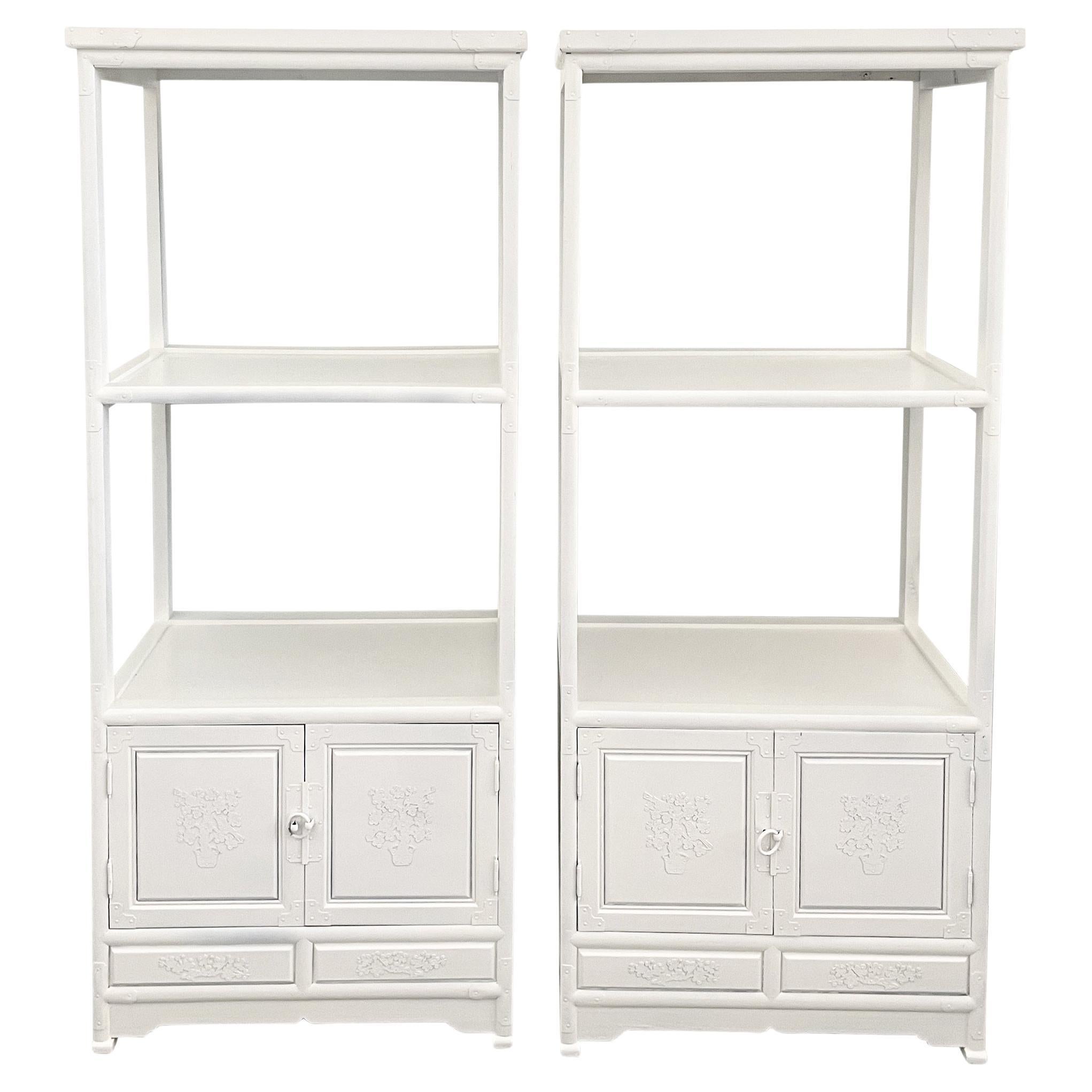 Pair of Small Asian Etageres with Lower Cabinets in Fresh White Lacquer  For Sale