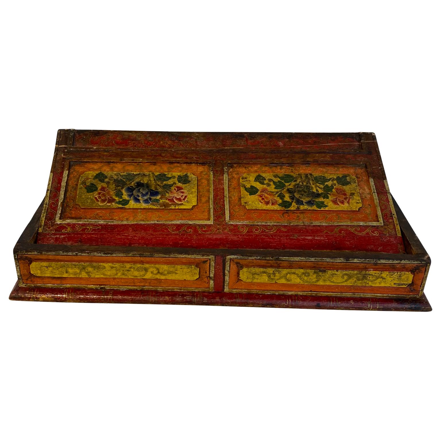 Small Asian red and yellow painted folk art desk-top writing desk

The desk top is collapsable, please see detailed images listed.