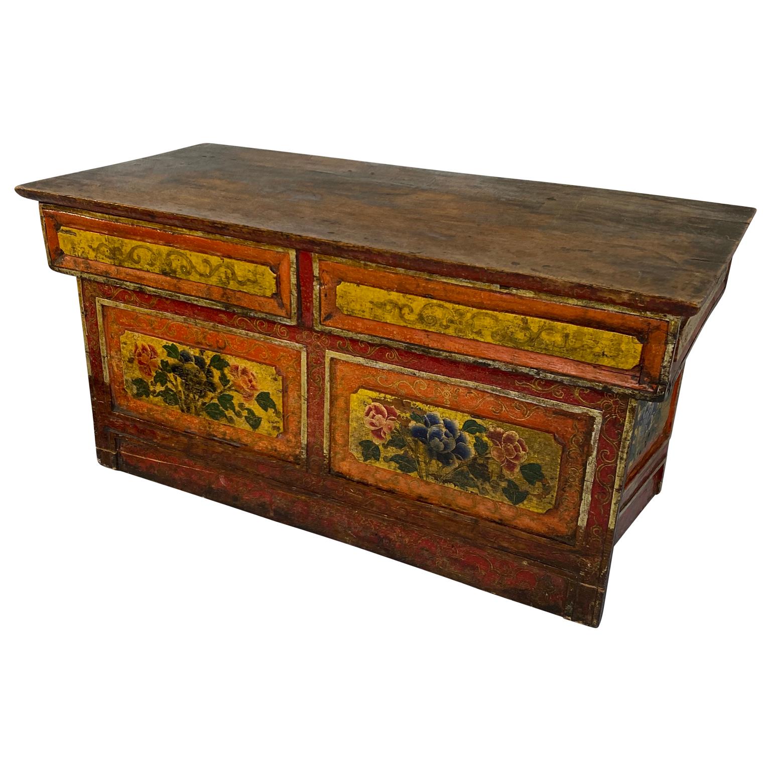Hand-Painted Small Asian Red And Yellow Painted Folk Art Desk-Top Writing Desk
