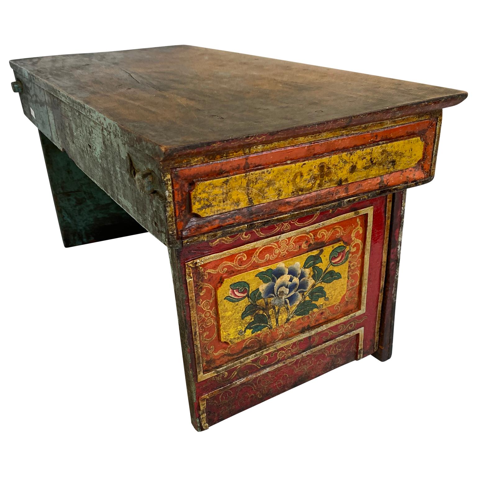 Small Asian Red And Yellow Painted Folk Art Desk-Top Writing Desk In Good Condition In Haddonfield, NJ