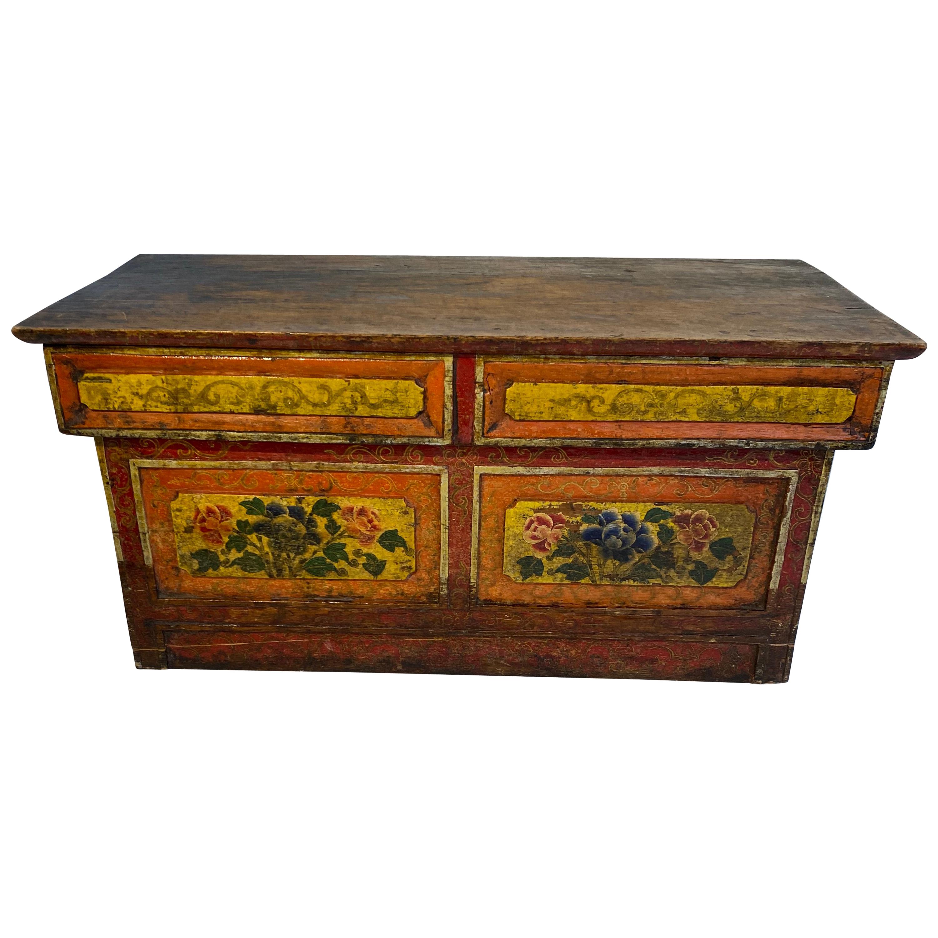 Small Asian Red And Yellow Painted Folk Art Desk-Top Writing Desk