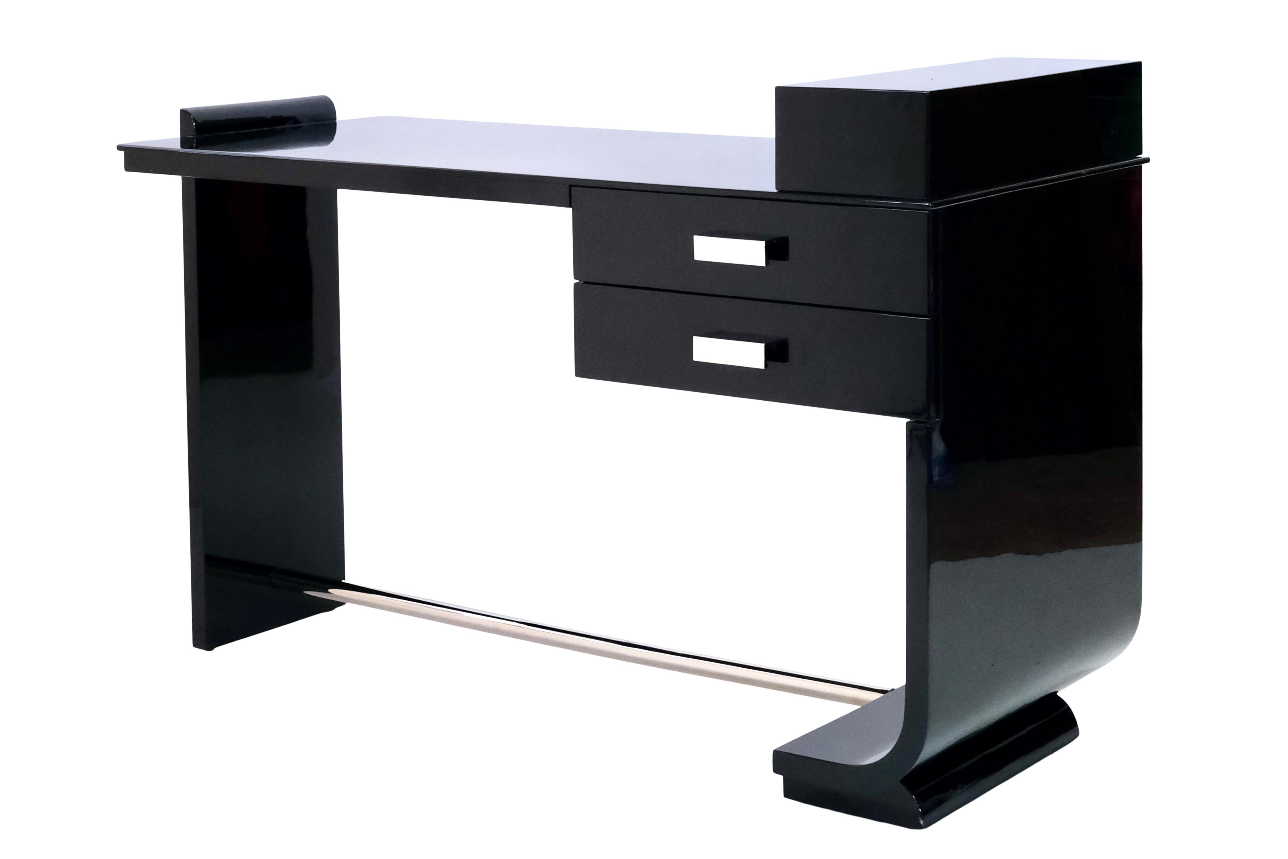 French Small Asymmetrical Art Deco Office Desk in Black Lacquer with Nickeled Fittings