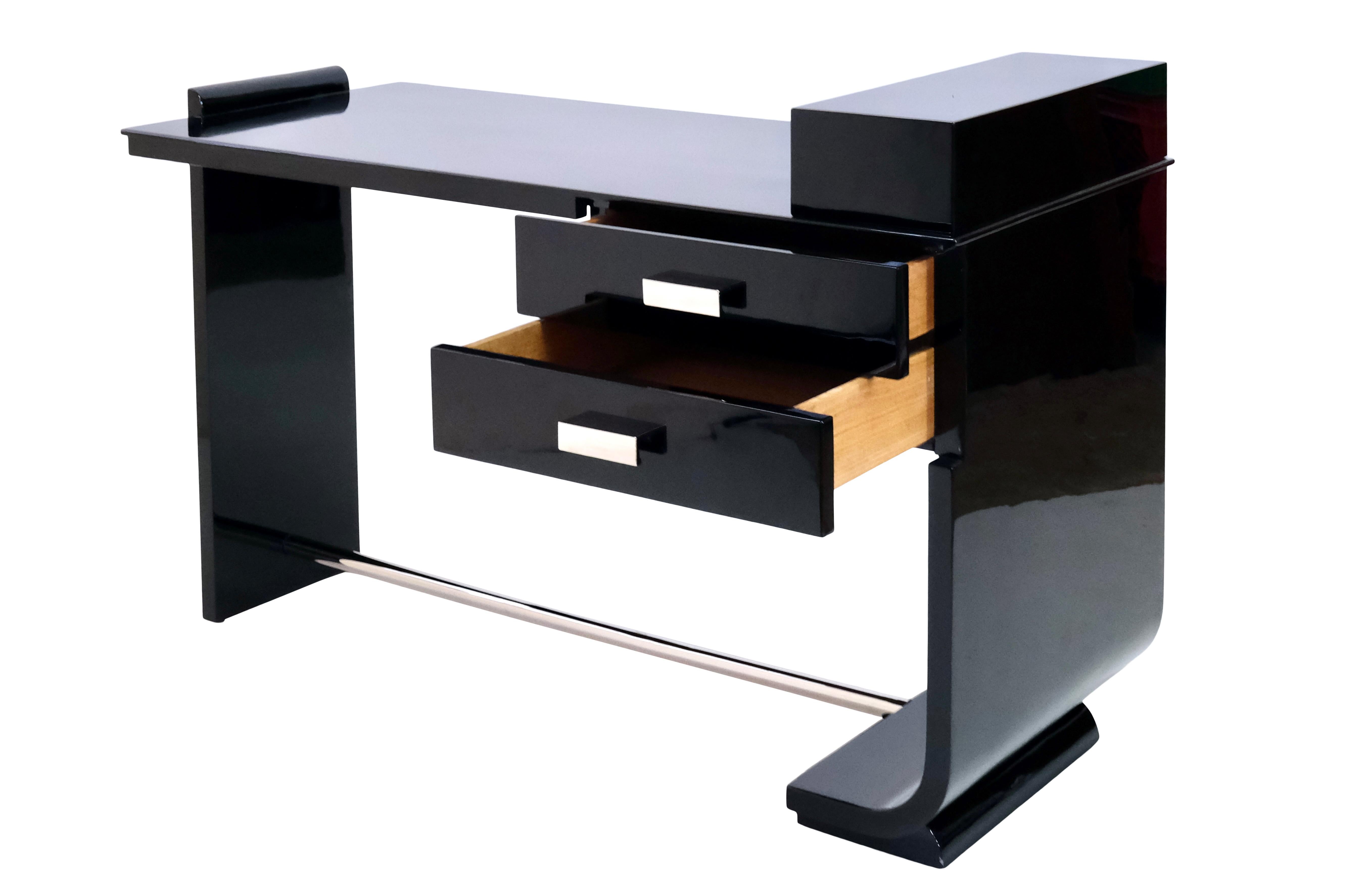 Blackened Small Asymmetrical Art Deco Office Desk in Black Lacquer with Nickeled Fittings
