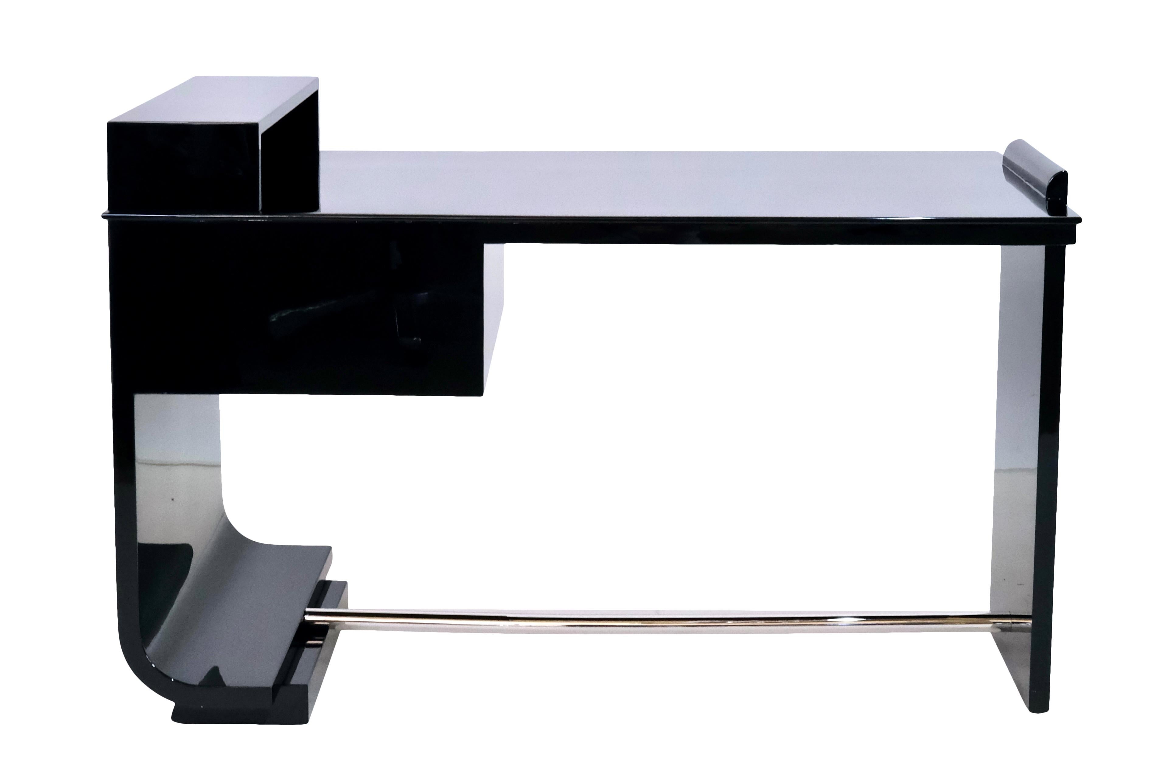 Wood Small Asymmetrical Art Deco Office Desk in Black Lacquer with Nickeled Fittings