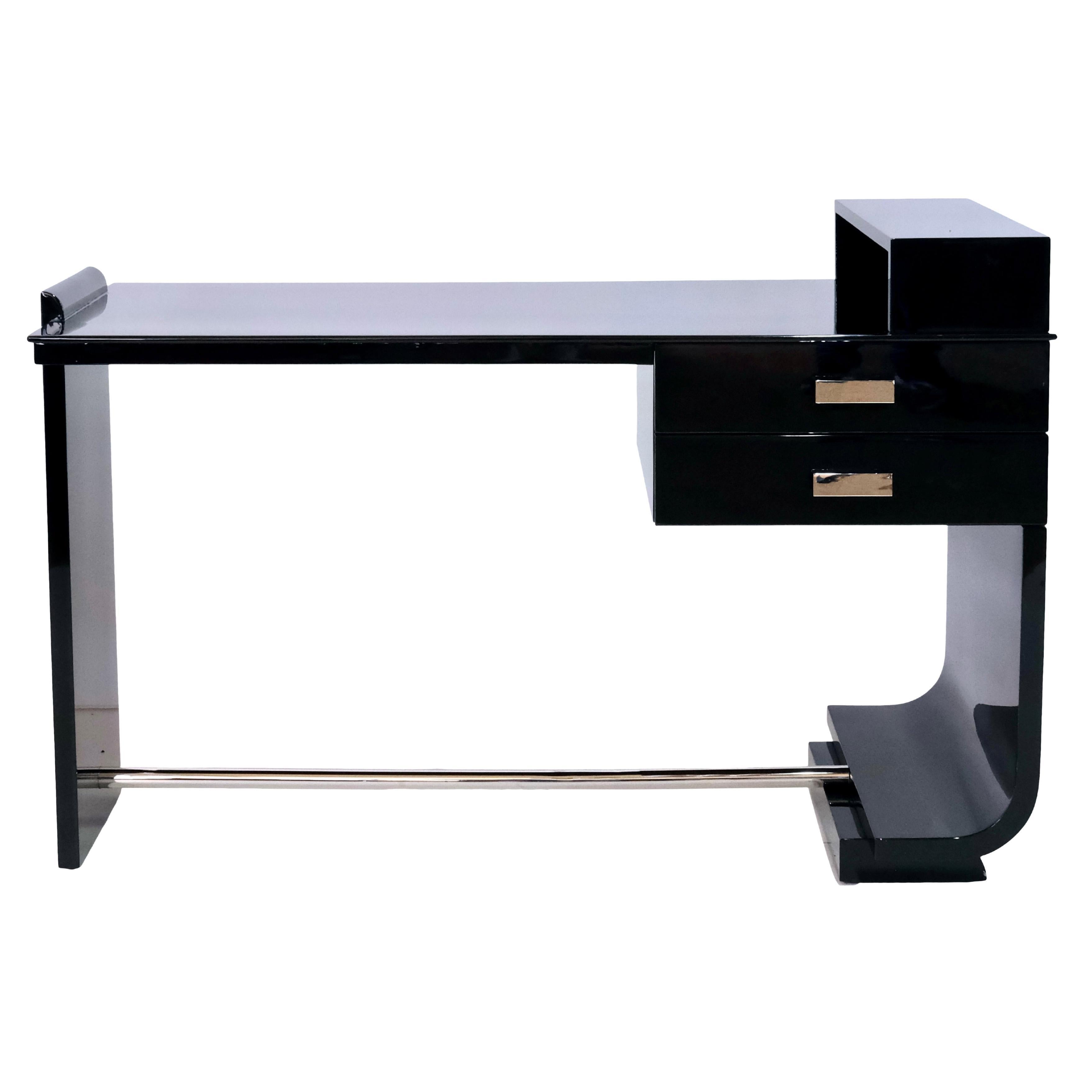 Small Asymmetrical Art Deco Office Desk in Black Lacquer with Nickeled Fittings