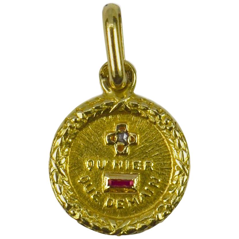 Small Augis French 18K More Than Yesterday Ruby Diamond Gold Love Charm Pendant