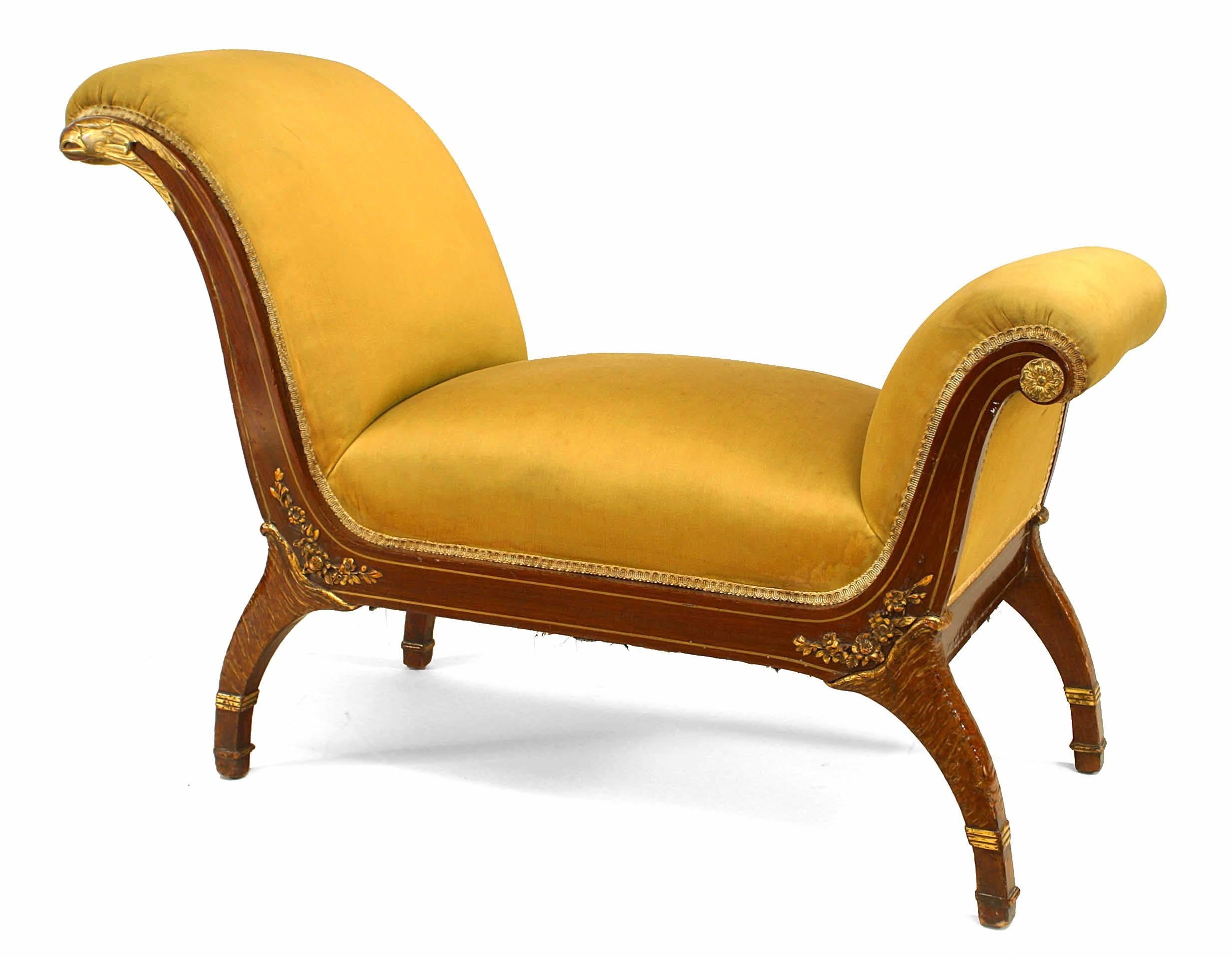 Continental Austrian Empire-style (Circa 1835) small mahogany recamier with bronze eagle trim and green upholstery
