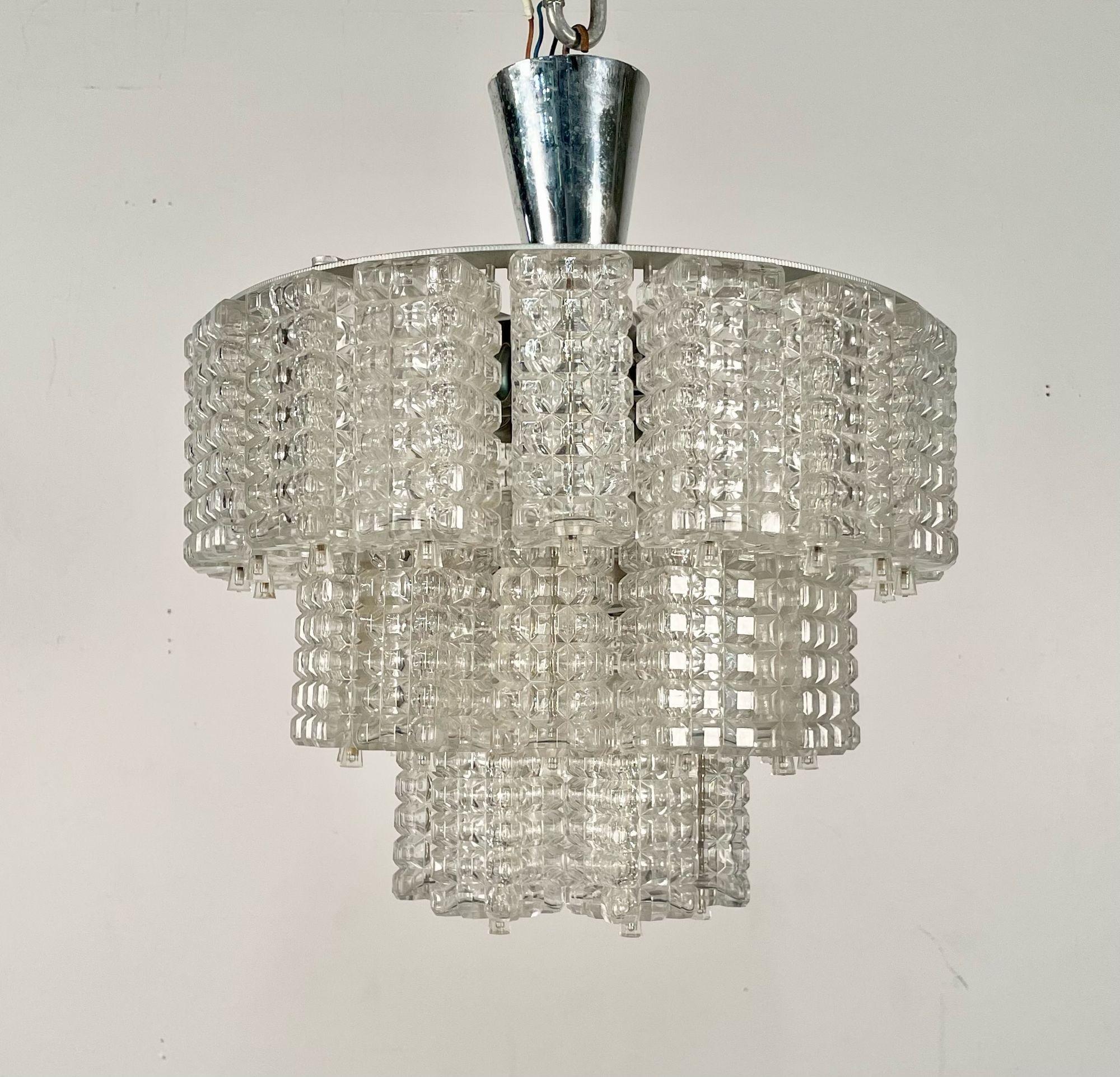 Small Austrian Mid-Century Modern Chandelier / Pendant by Kalmar, Three-Tier In Good Condition For Sale In Stamford, CT