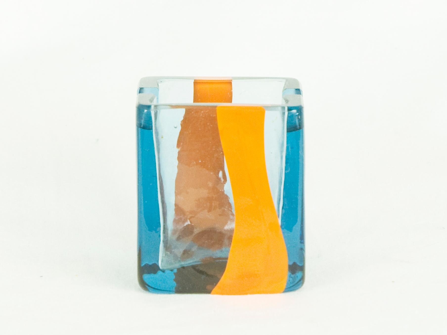 Italian Small Azure & Orange Murano Glass 1960s Ashtray by Pierre Cardin for Venini For Sale