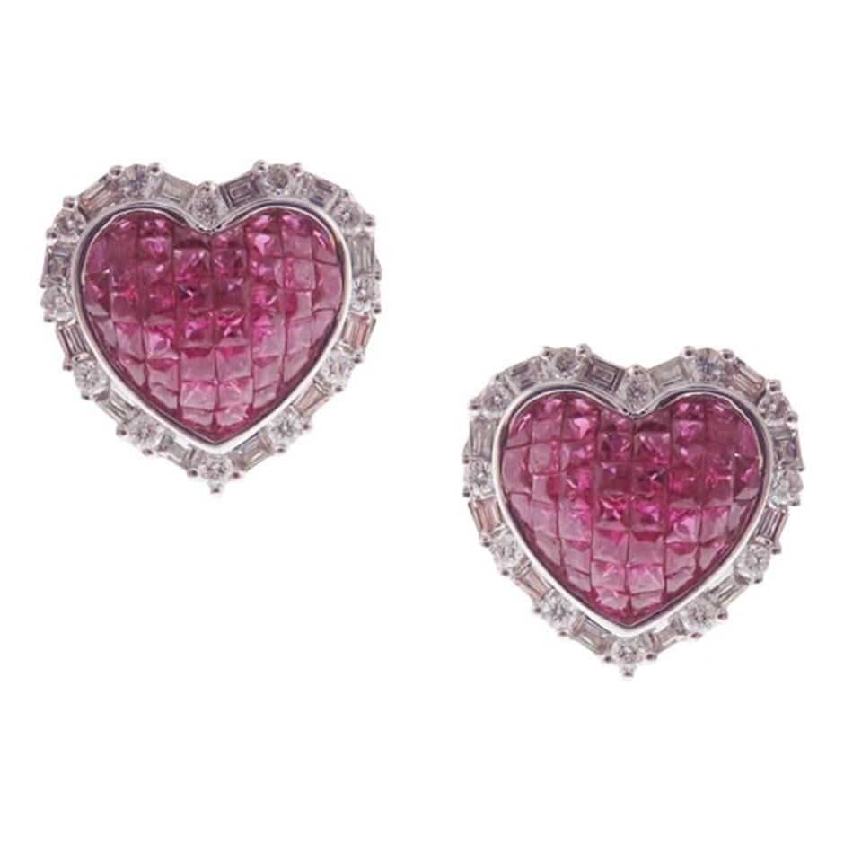 Modern Small Baguette Heart Invisible Ruby Earring Ring Set For Sale