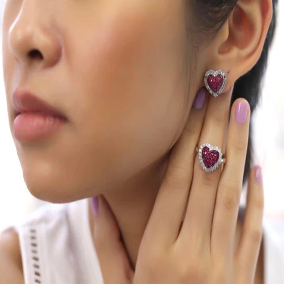 Small Baguette Heart Invisible Ruby Earring Ring Set For Sale 4