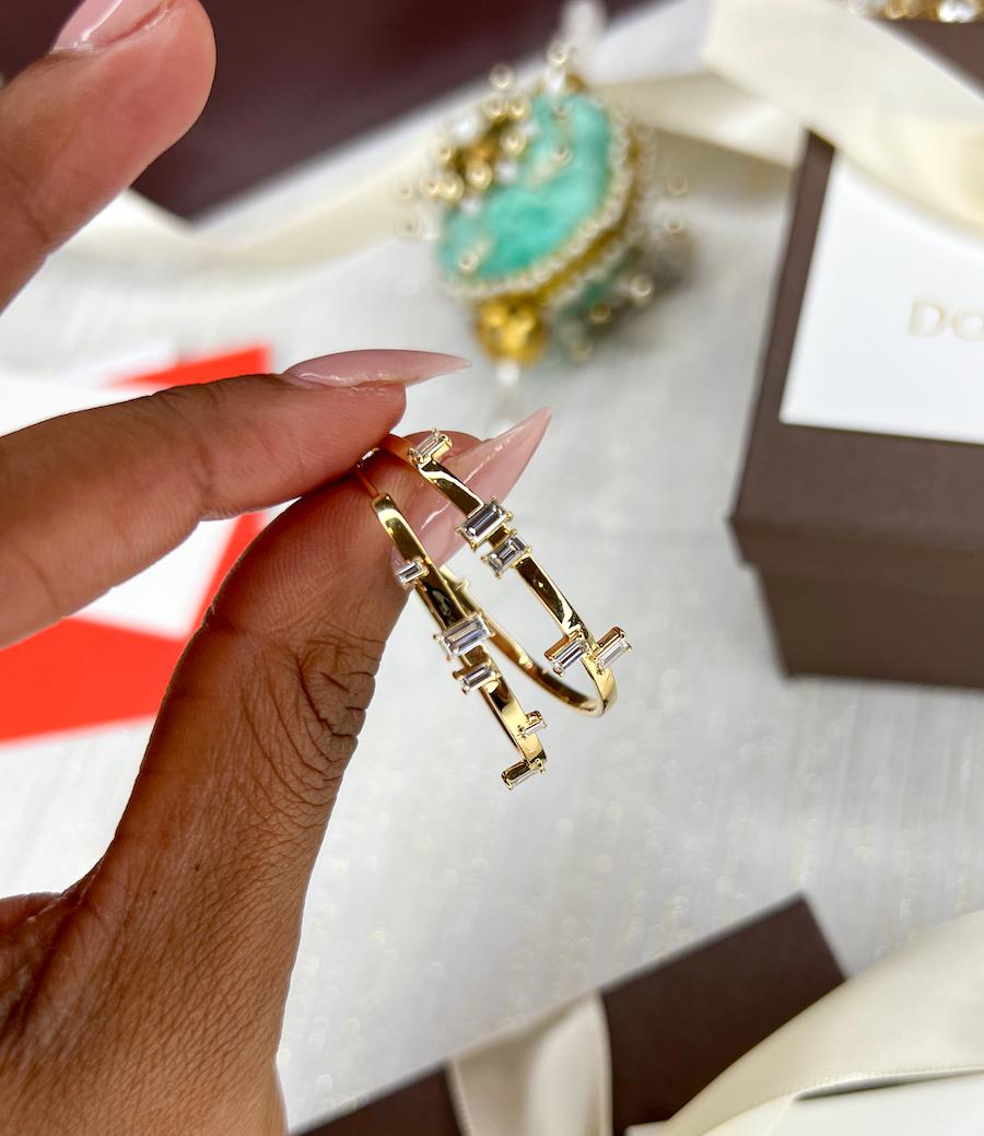 Intention: Embracing Ancestral Rhythms

Design: A hallmark of African American creations, whether it is music, dance or art, these earrings capture the polyrhythms that add richness to our world. An array of diamond baguettes, each with its own
