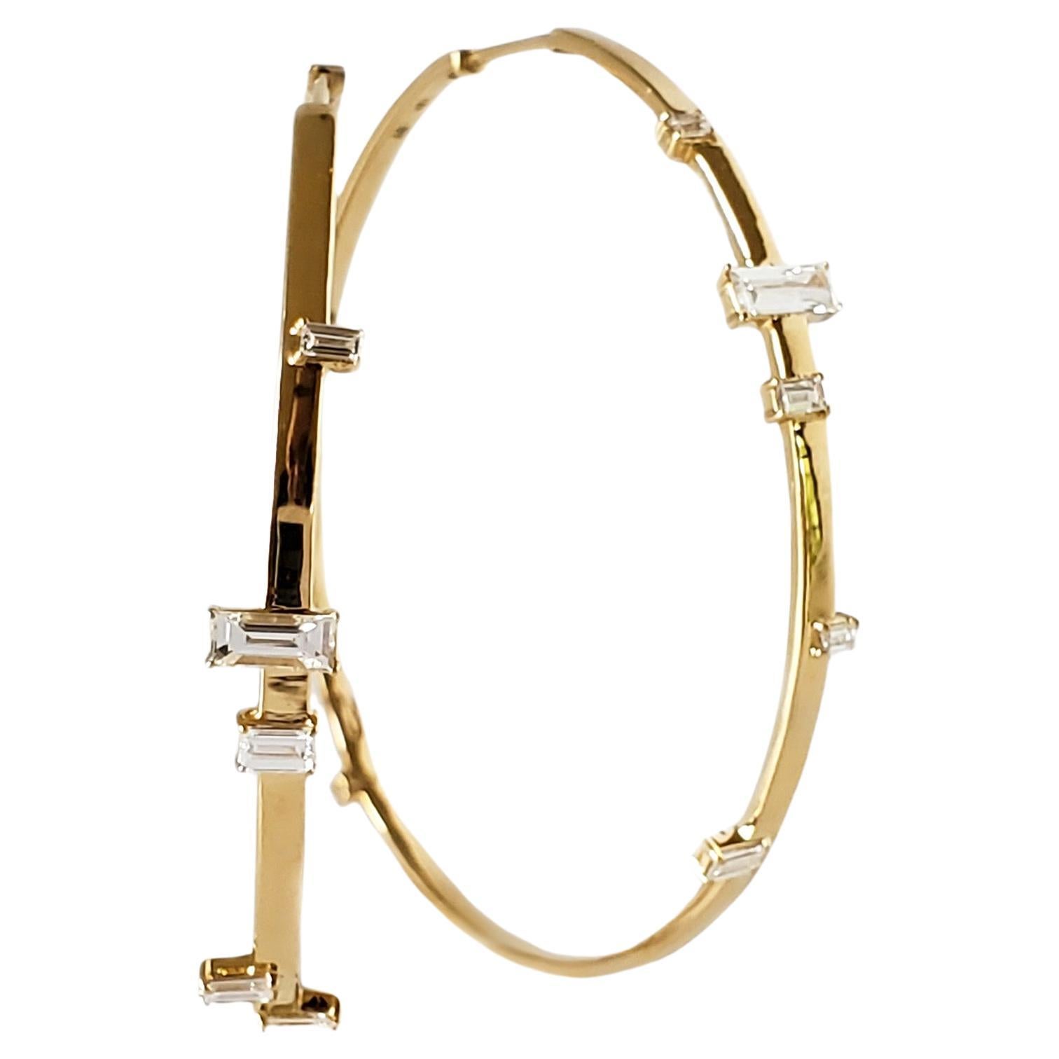 Small Baguette Hoop Earrings 18K Yellow Gold .62 Carat White Diamonds SI1 For Sale