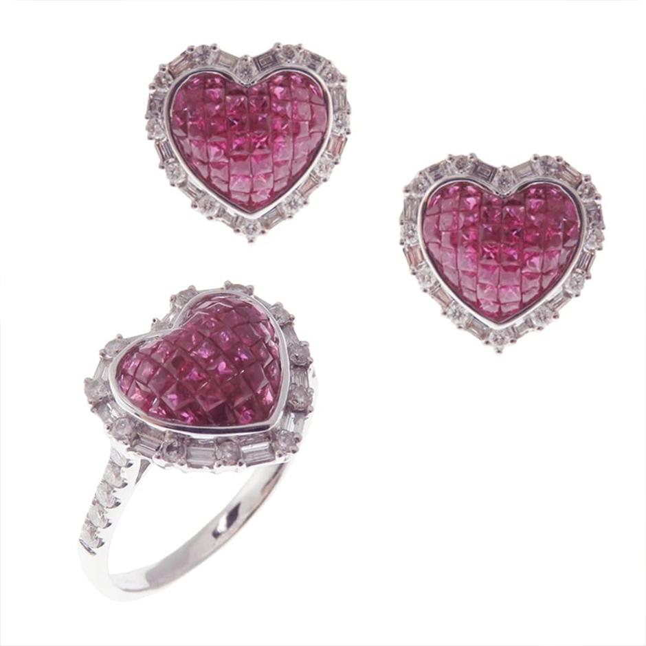 Women's Small Baguette Ruby Invisible Earring Ring Set For Sale