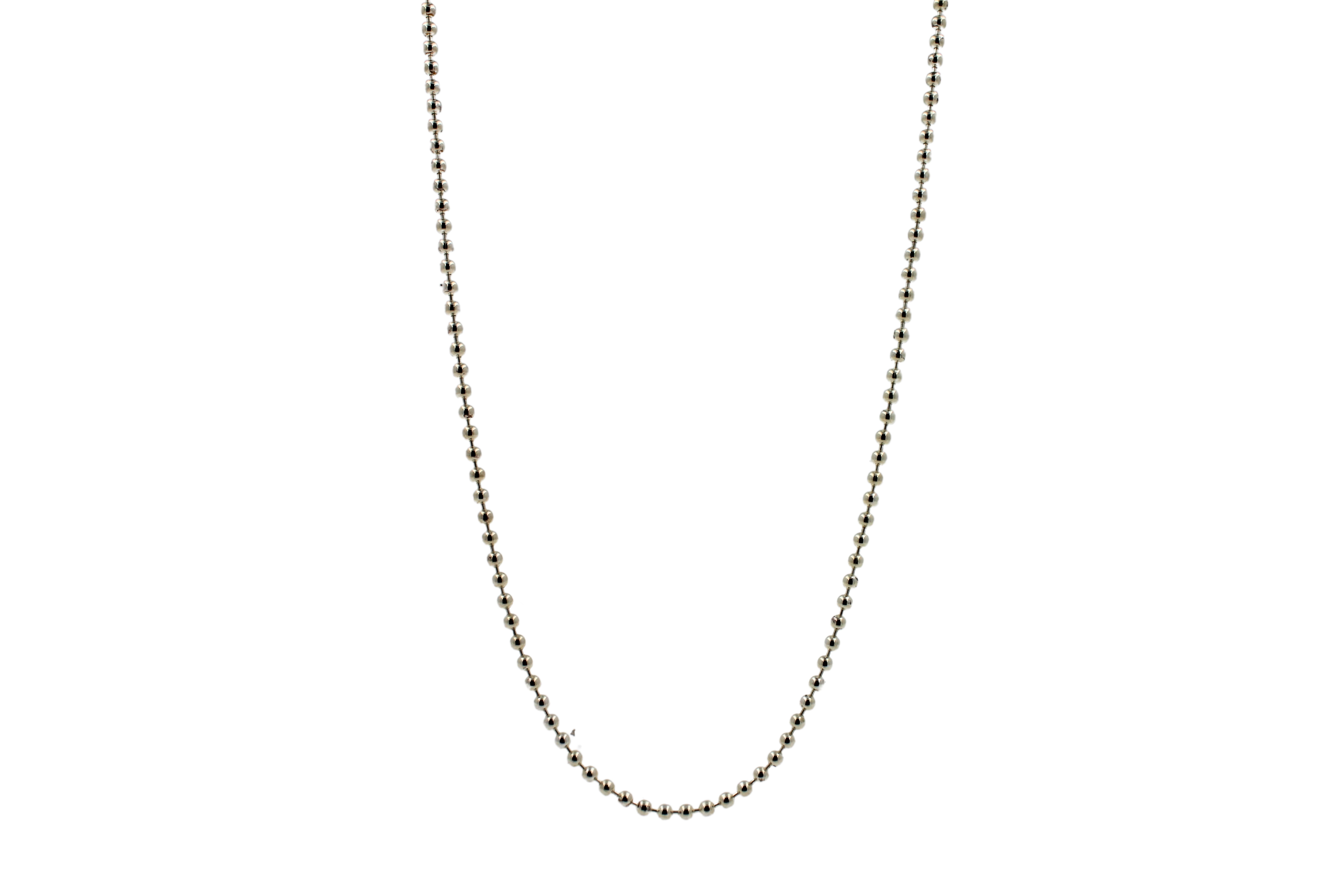 Small Ball Bead Beaded Fancy Dainty Link 925 Sterling Silver Chain Necklace
•	24 inches length
•	6.3 grams 
•	1.2 mm width
•	White Rhodium Plate Finish
