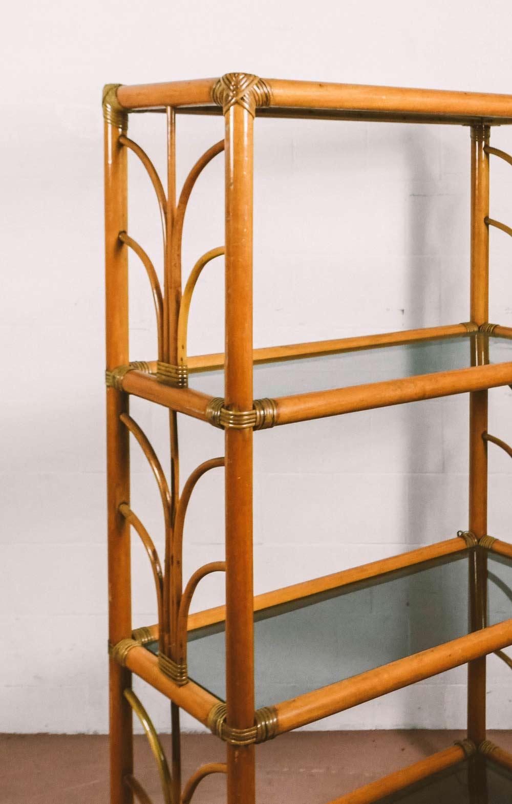 Italian Small Bamboo bookcase with four glass shelves, 1980s