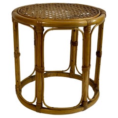 Small Bamboo Wicker Drum Table or Vintage Plant Pot Stand Stool 1960s