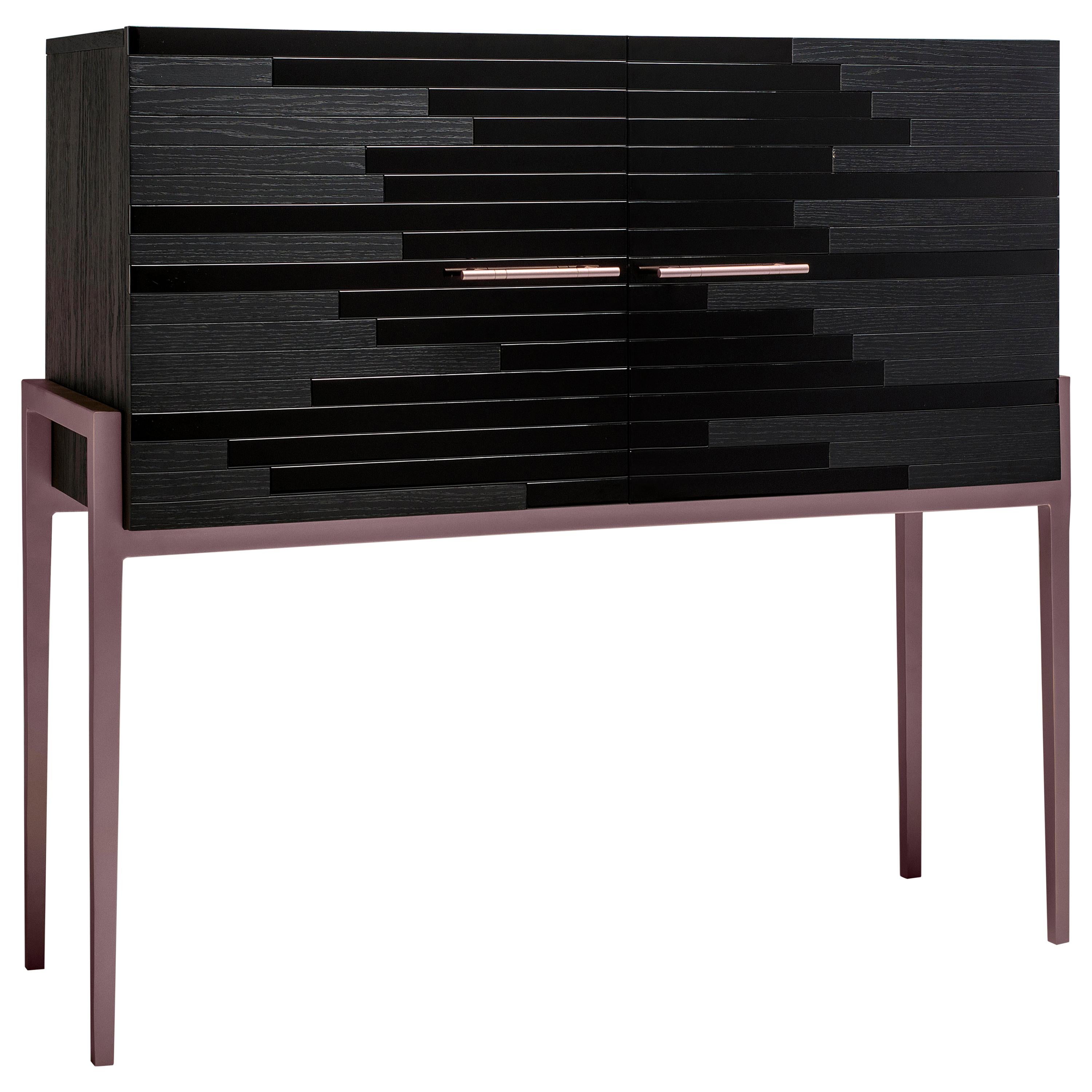 Small Cabinet for Living Room in Black Lacquer and Black Oak For Sale