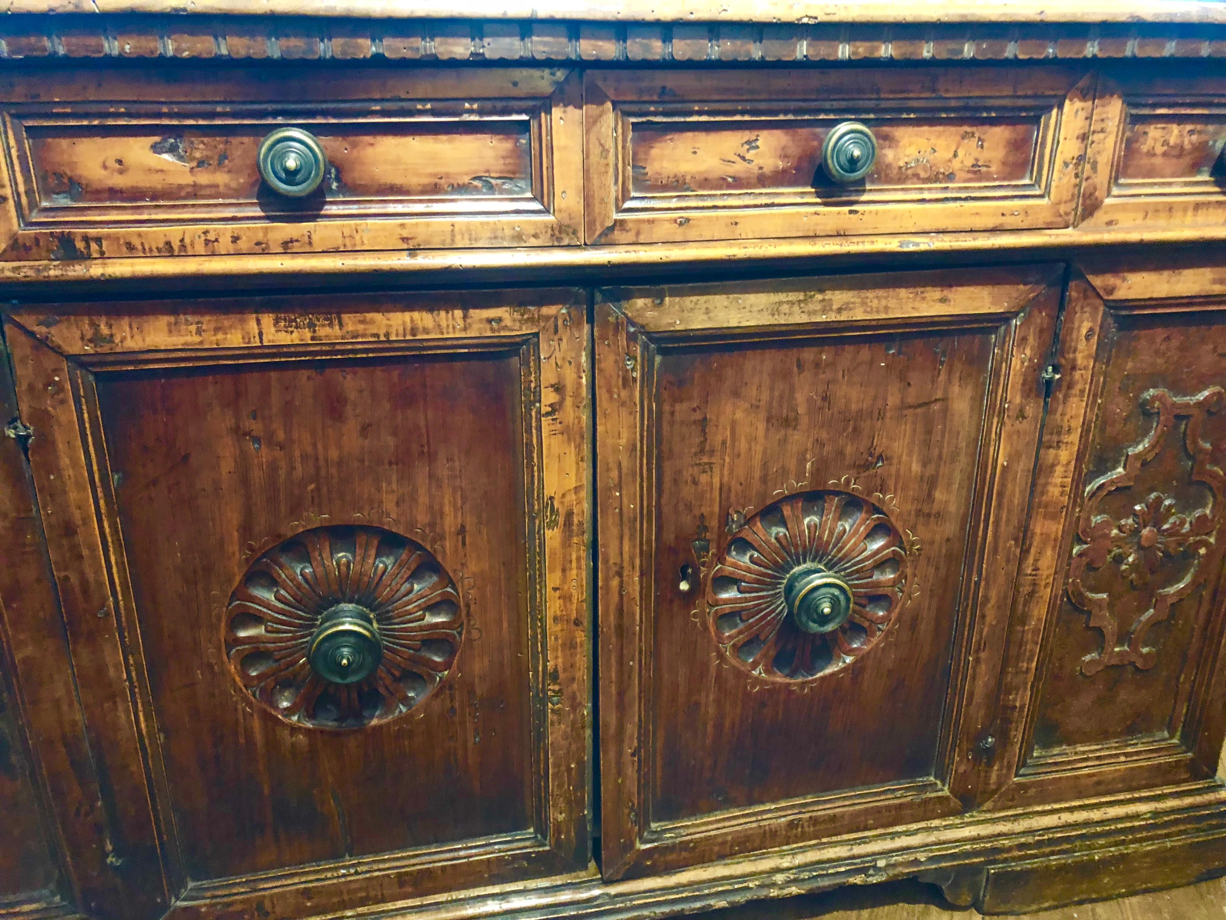 Hand-Crafted 17th Century Baroque Italian Applewood and Circassian Walnut Credenza