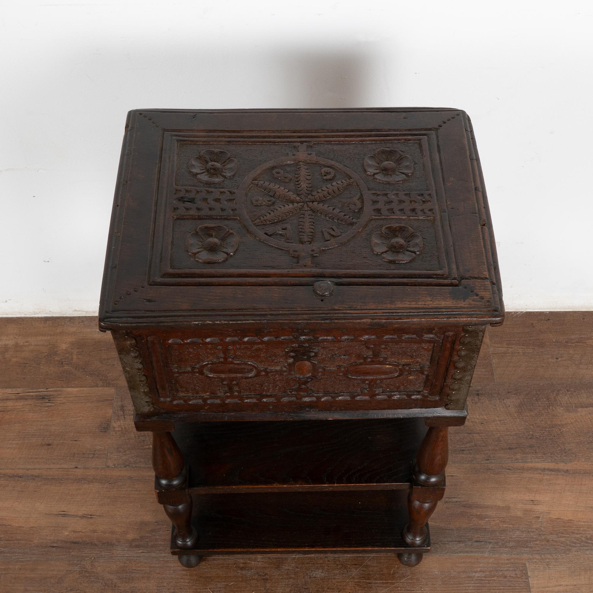 Small Baroque Carved Chest on Stand Side Table, Dated 1688 In Good Condition For Sale In Round Top, TX
