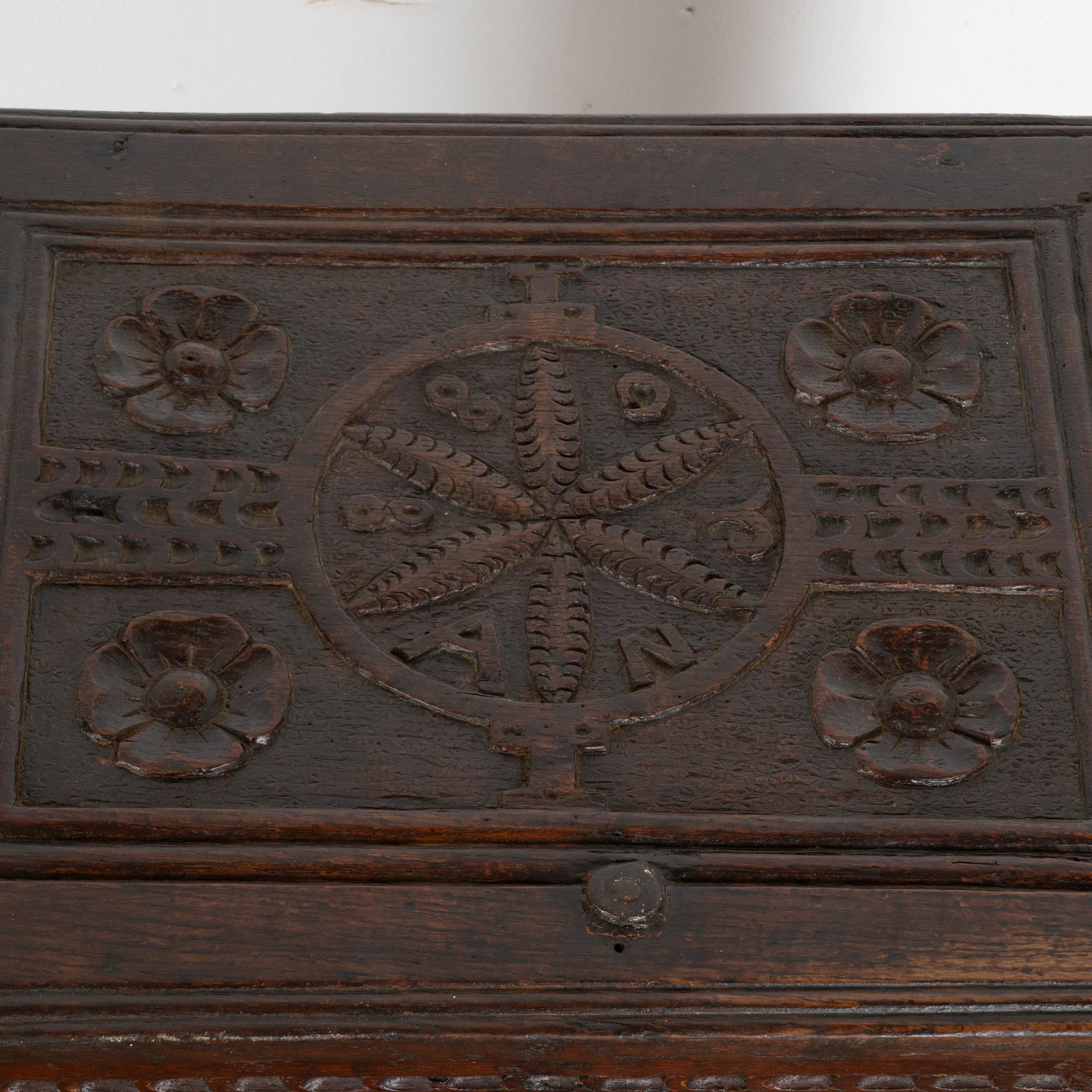 Iron Small Baroque Carved Chest on Stand Side Table, Dated 1688 For Sale