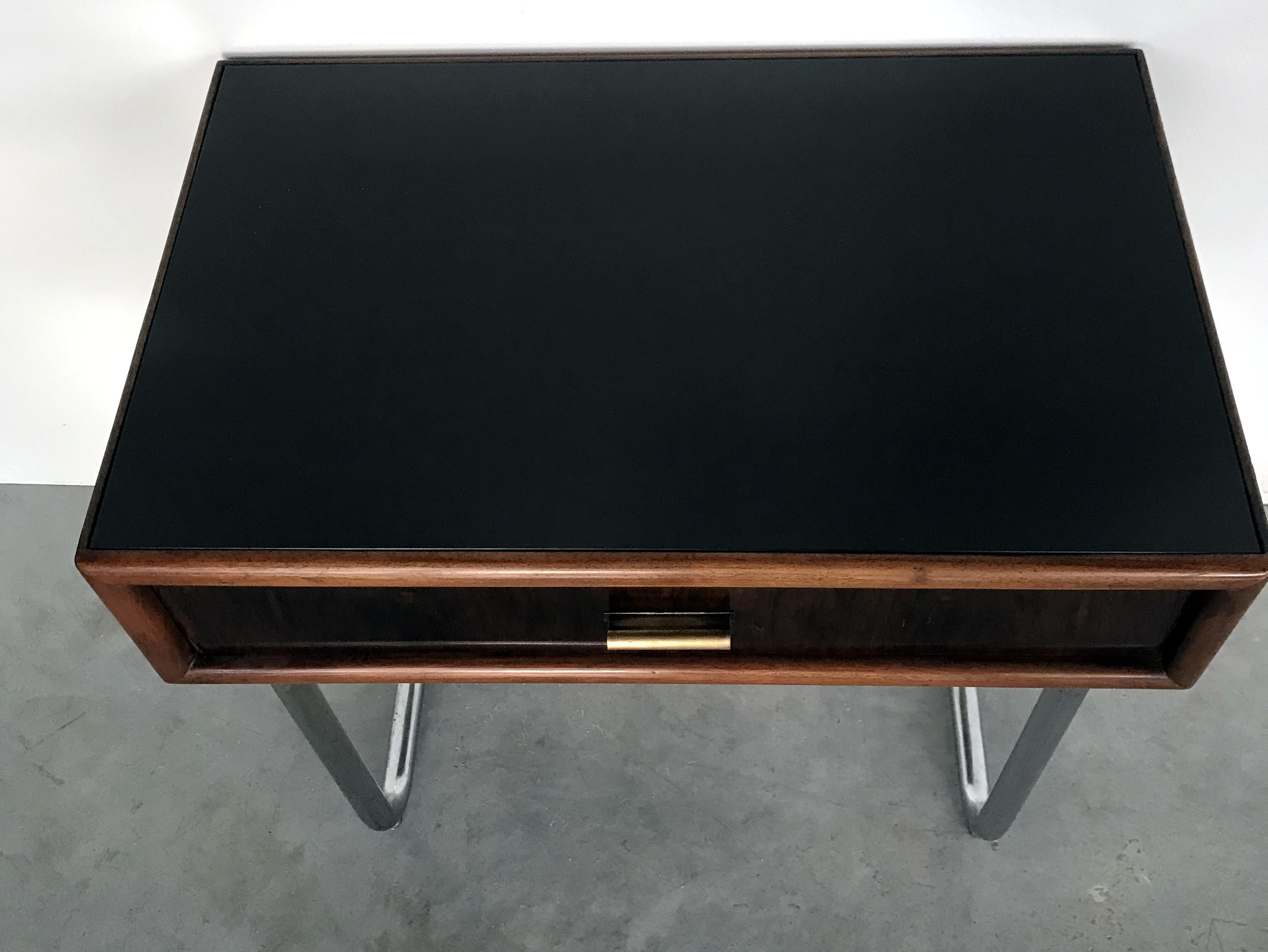 Austrian Small Bauhaus Black Glass Top Table with Drawer For Sale