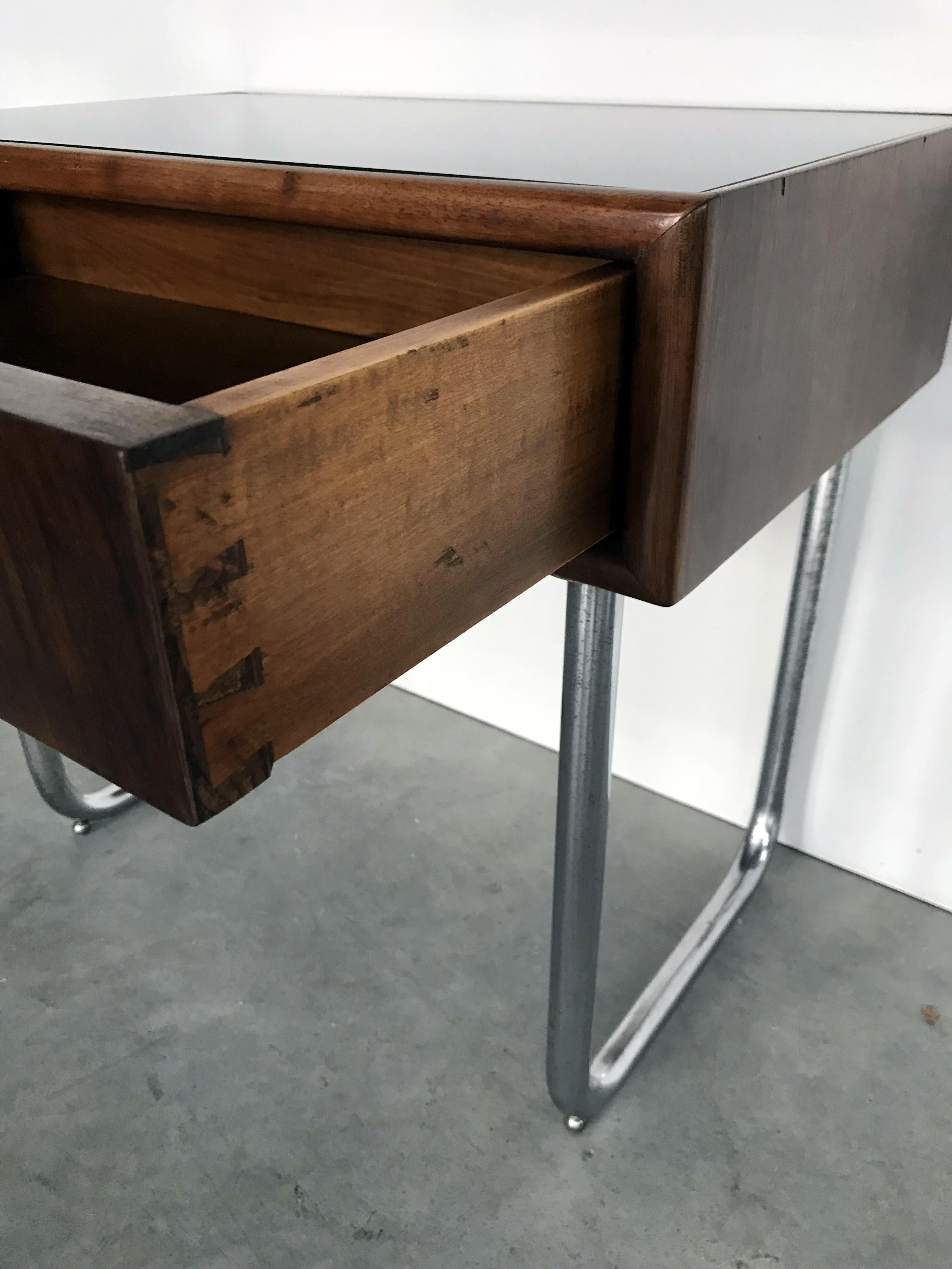 Plated Small Bauhaus Black Glass Top Table with Drawer For Sale