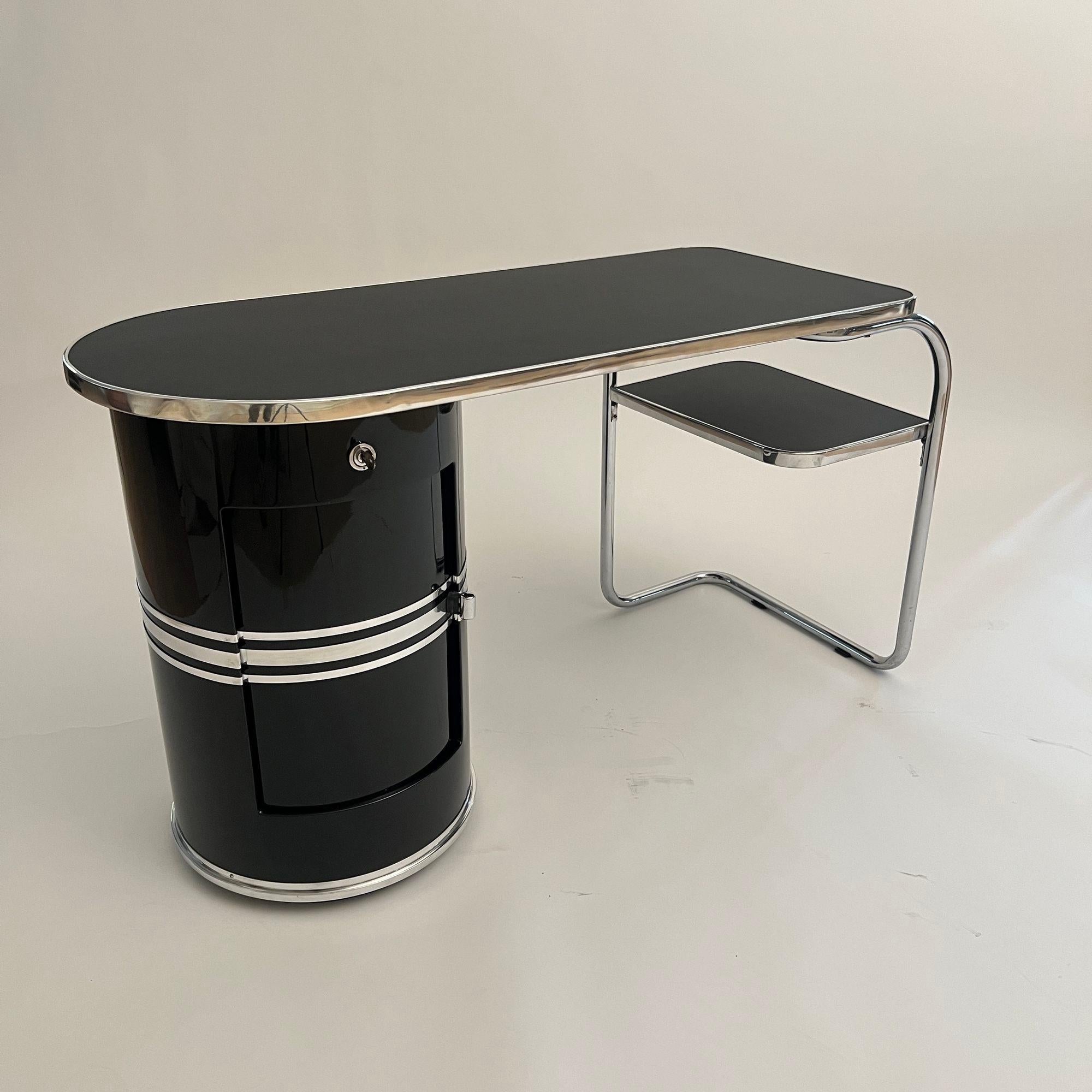 Polished Small Bauhaus Desk by Mauser Werke, Black Lacquer, Tubular Steel, Germany, 1954