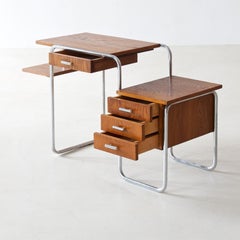 Small Bauhaus Tubular Steel Desk, Oak Veneer and Chromium Plated Metal c 1930
