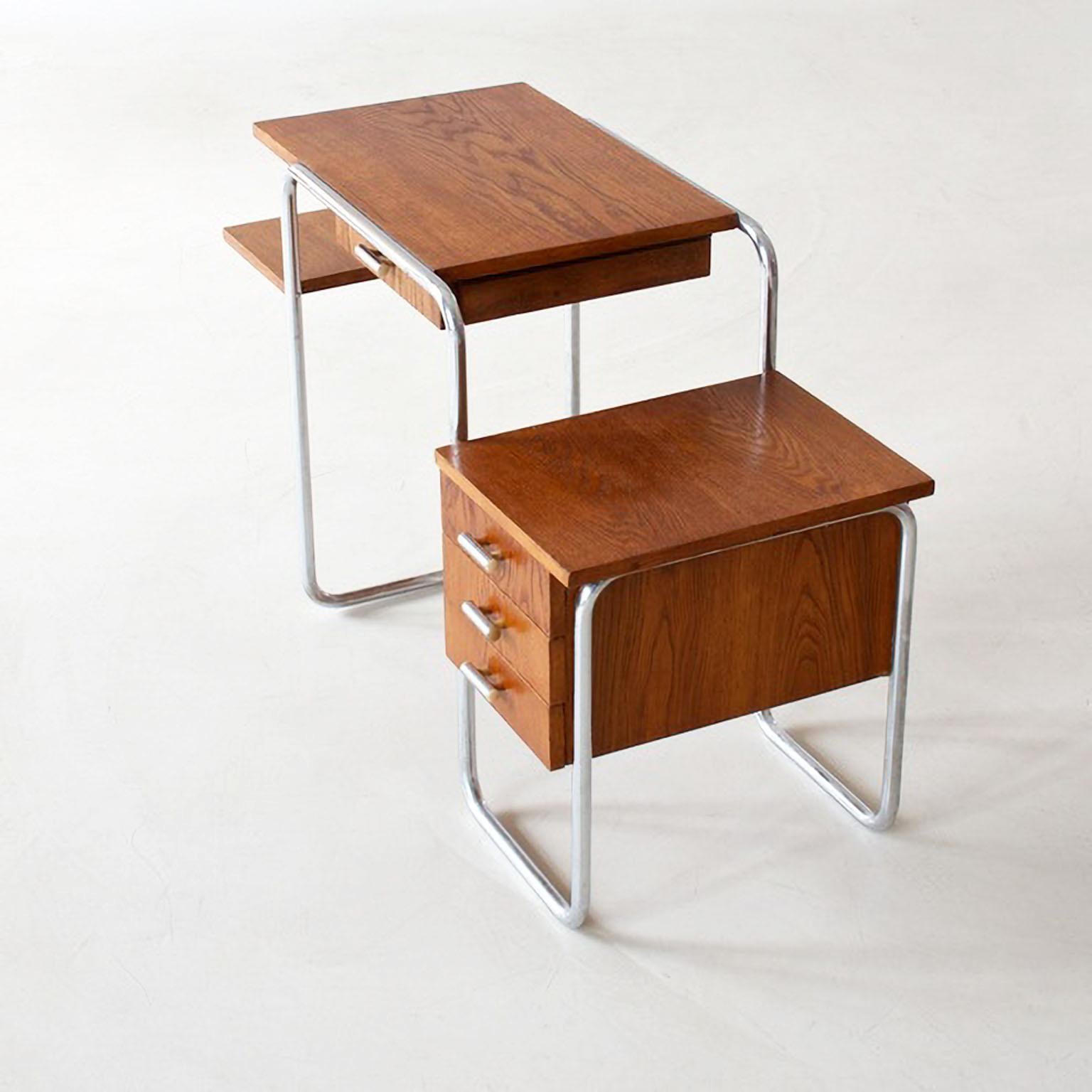 German Small Bauhaus Tubular Steel Desk, Oak Veneer and Chromium Plated Metal c 1930 For Sale