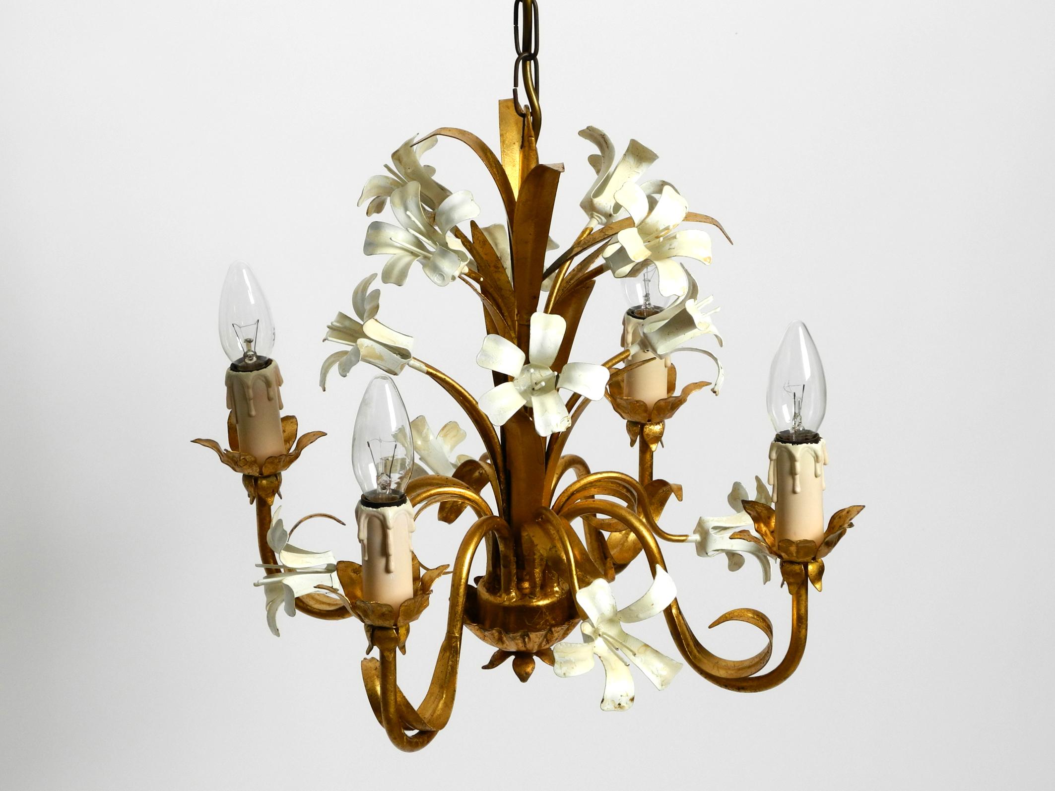 Small beautiful 1960s gold-plated 4-arm metal chandelier For Sale 8