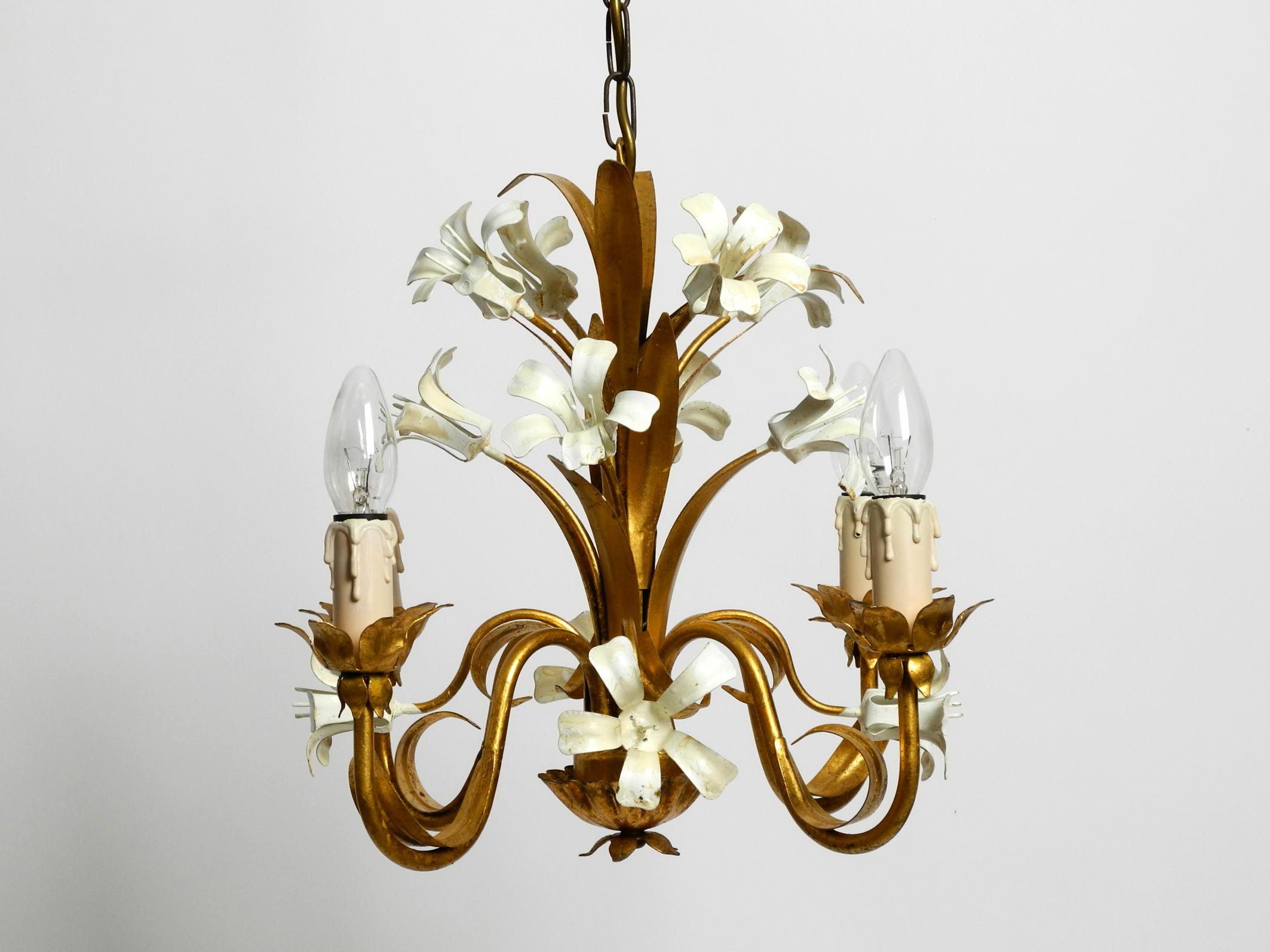 Small beautiful 1960s gold-plated 4-arm metal chandelier For Sale 9