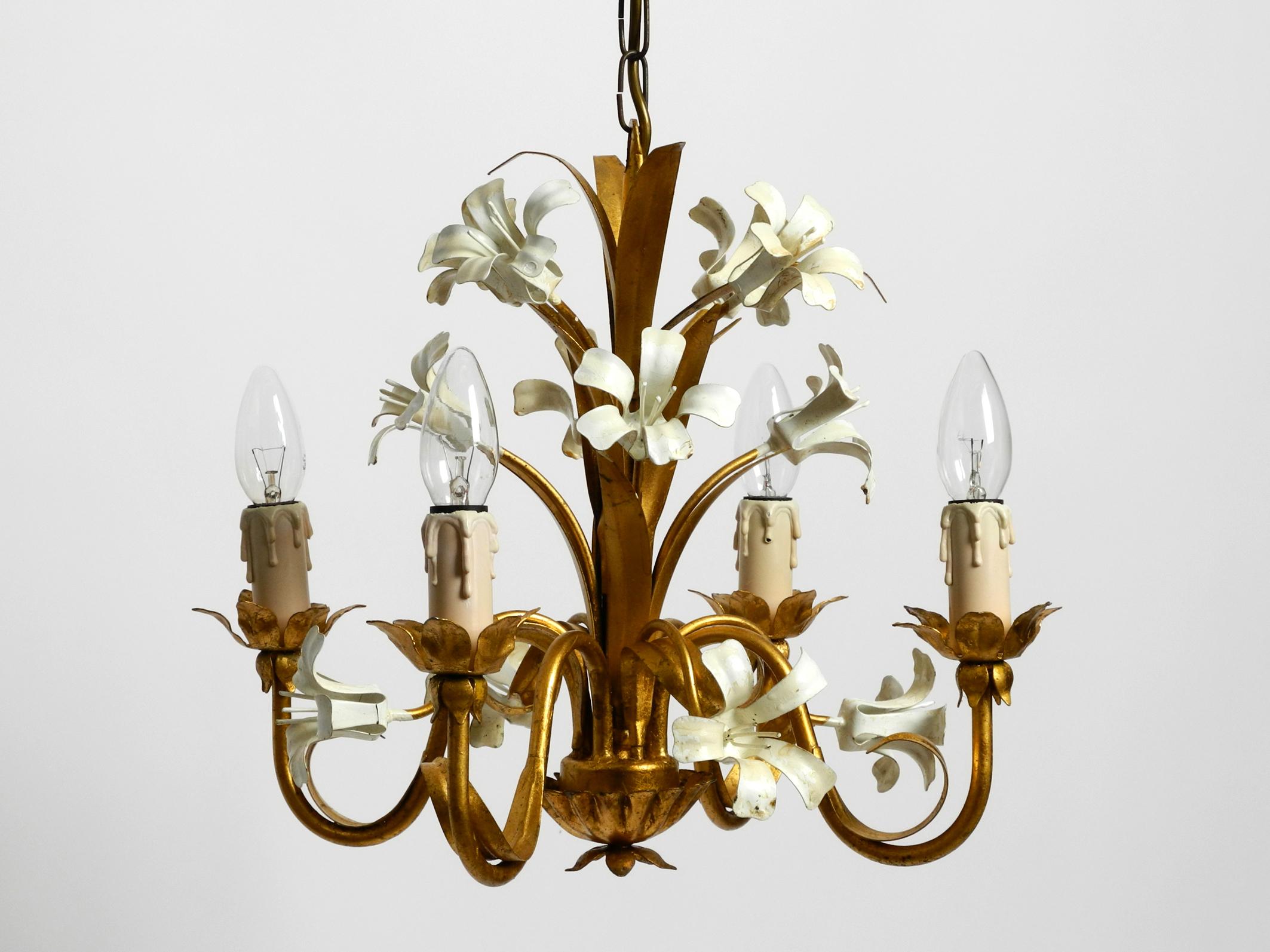 Mid-Century Modern Small beautiful 1960s gold-plated 4-arm metal chandelier For Sale