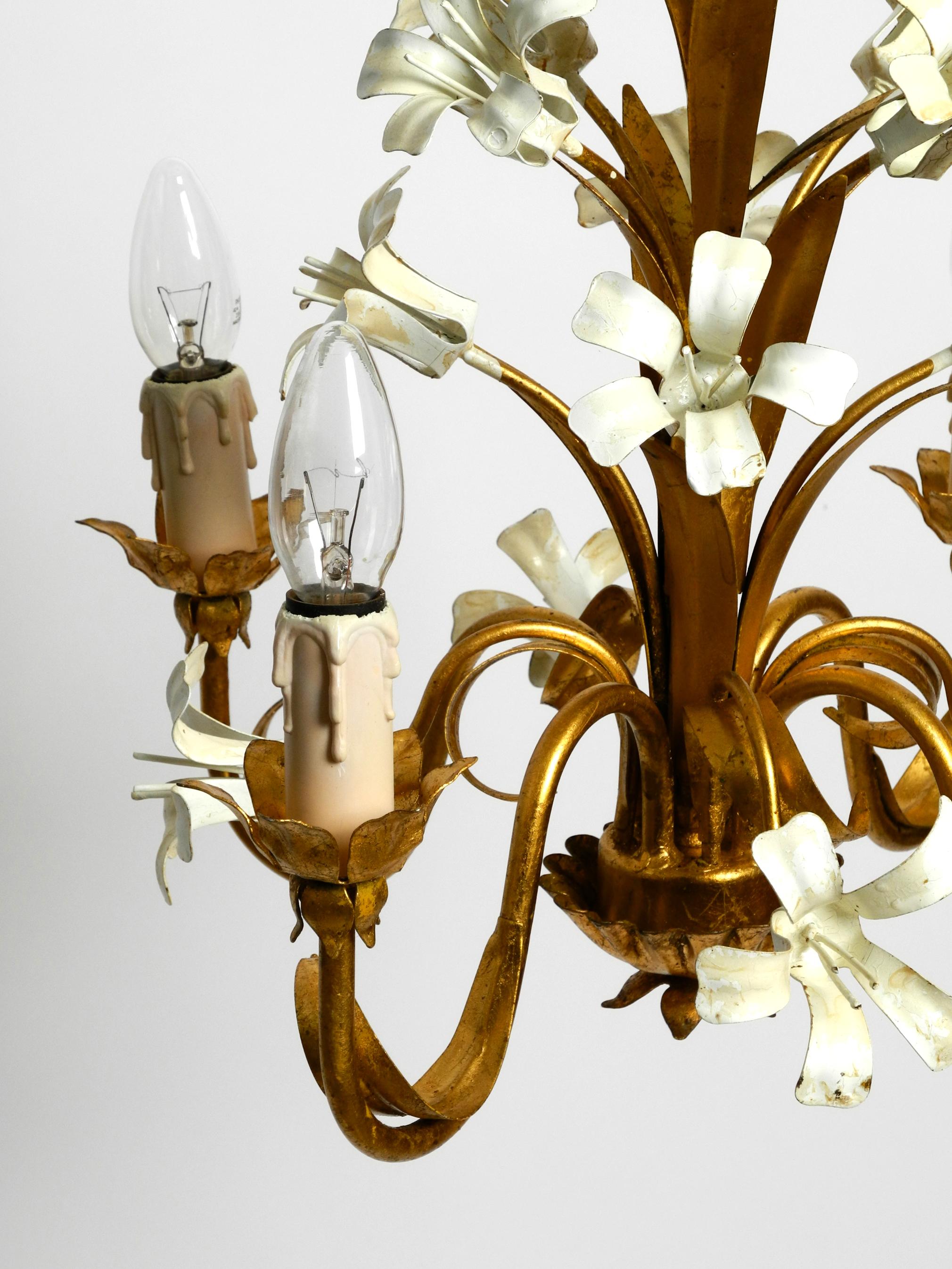 Small beautiful 1960s gold-plated 4-arm metal chandelier For Sale 1